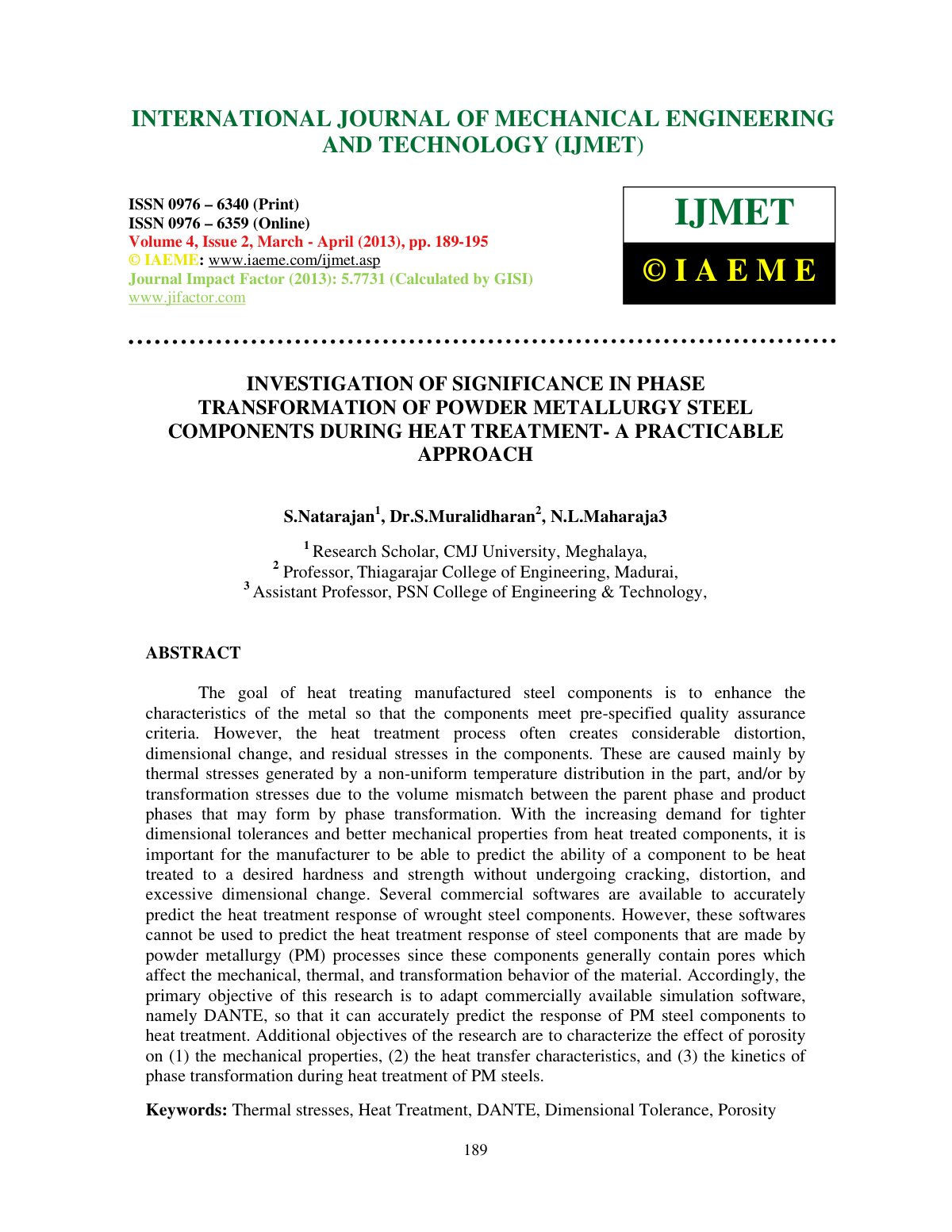 First page of INVESTIGATION OF SIGNIFICANCE IN PHASE T
