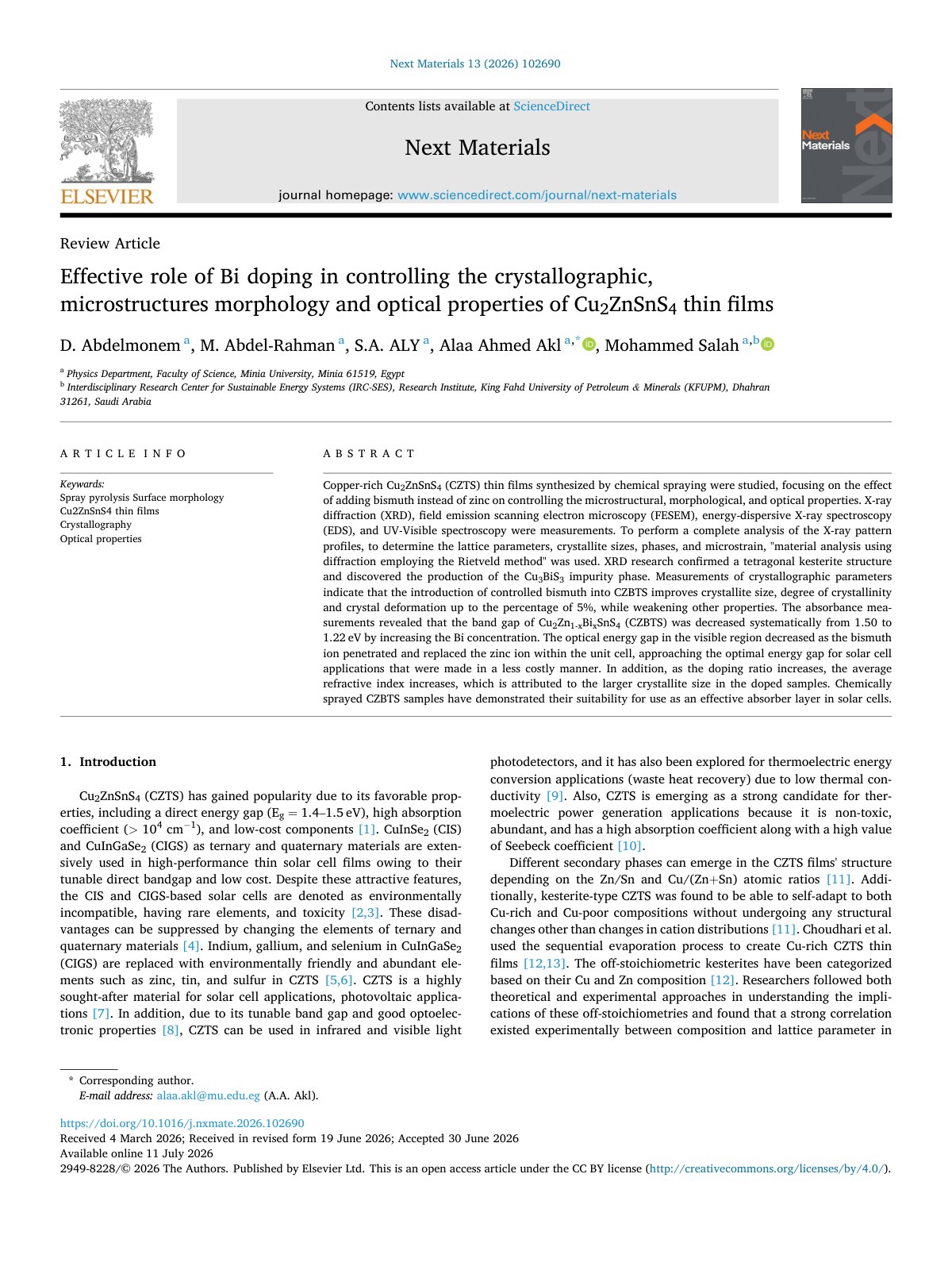 First page of Effective role of Bi doping in controlling the crystallographic  2026 Next M