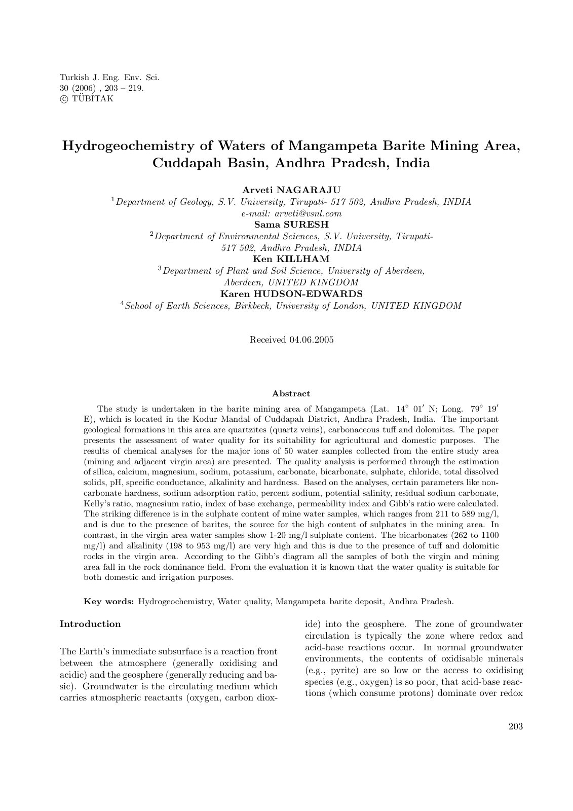 First page of Hydrogeochemistry of Waters of Mangampeta Barite Mining Area, Cuddapah Basin, Andhra Pradesh, India