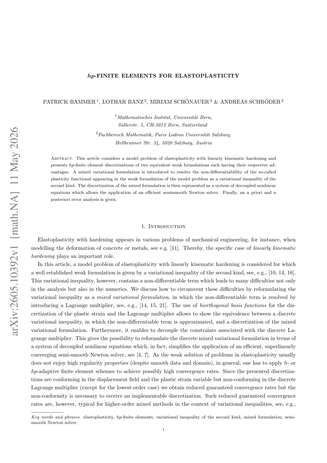 First page of hp-Finite Elements for Elastoplasticity