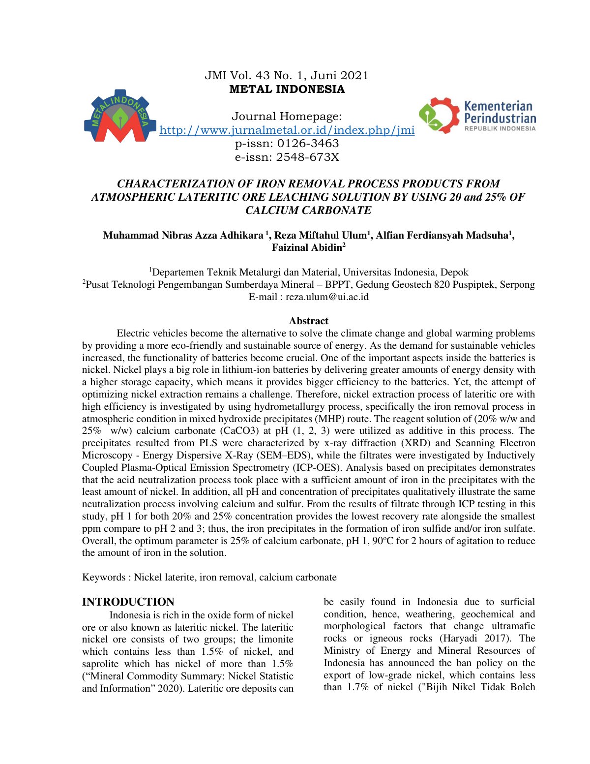 First page of Characterization of Iron Removal Process