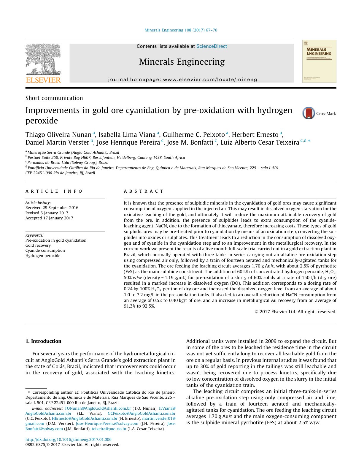 First page of Improvements in gold ore cyanidation by