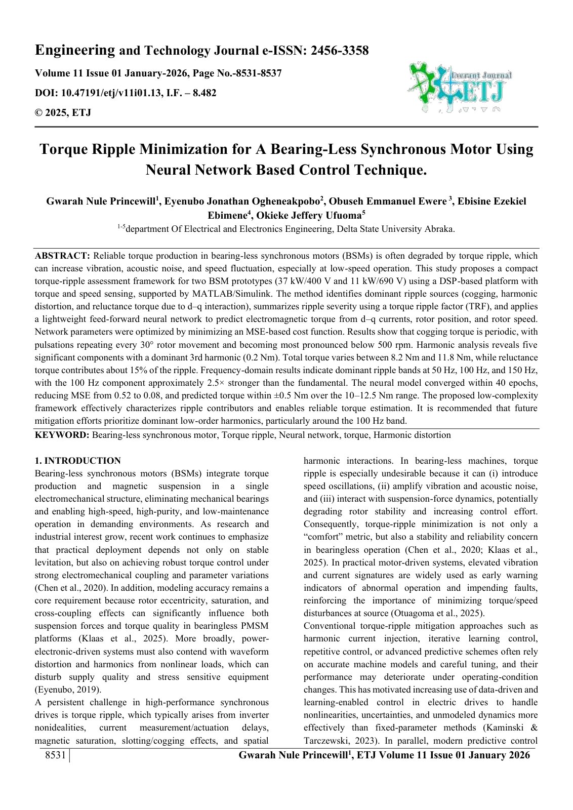 First page of Torque Ripple Minimization for A Bearing-Less Synchronous Motor Using  Neural Network Based Control Technique.  