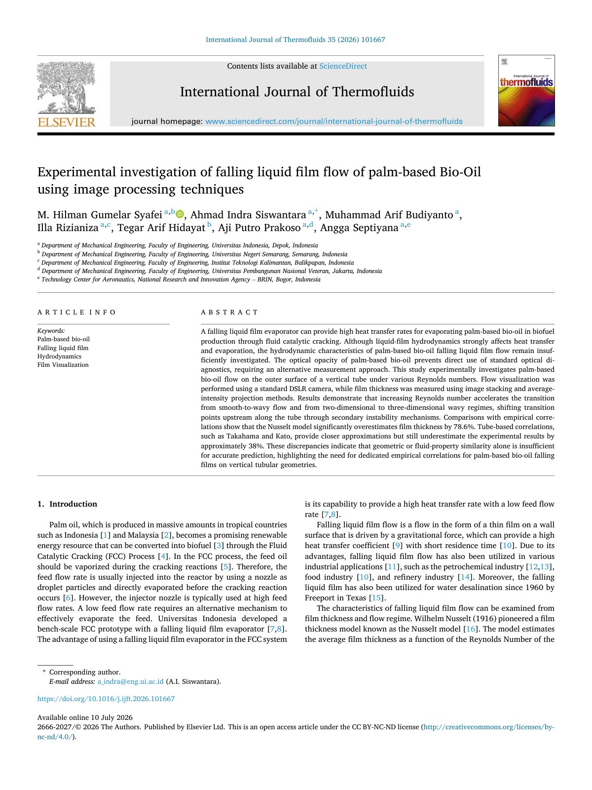 First page of Experimental investigation of falling liquid film flo 2026 International Jou