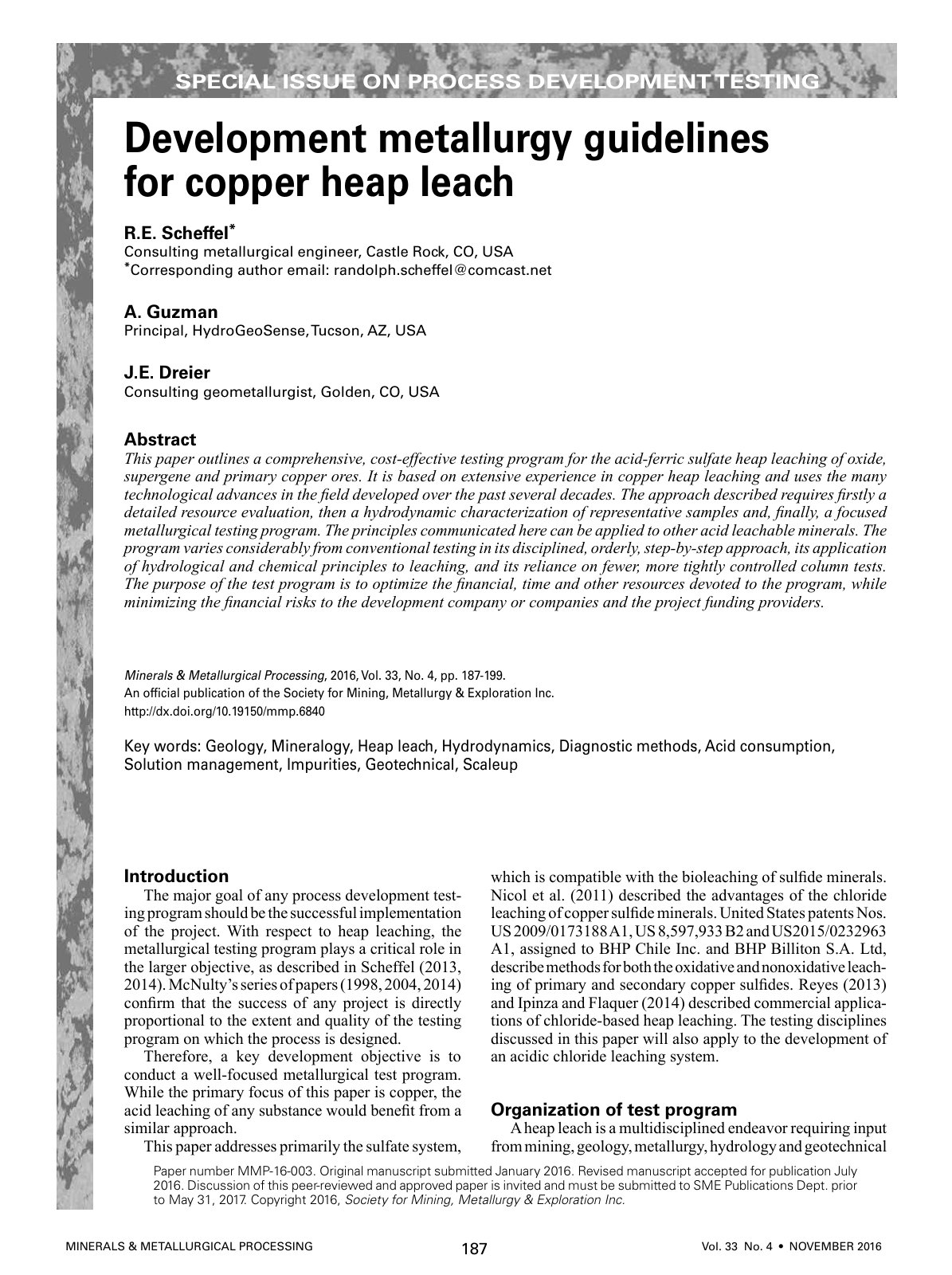 First page of Development metallurgy guidelines for copper heap leach