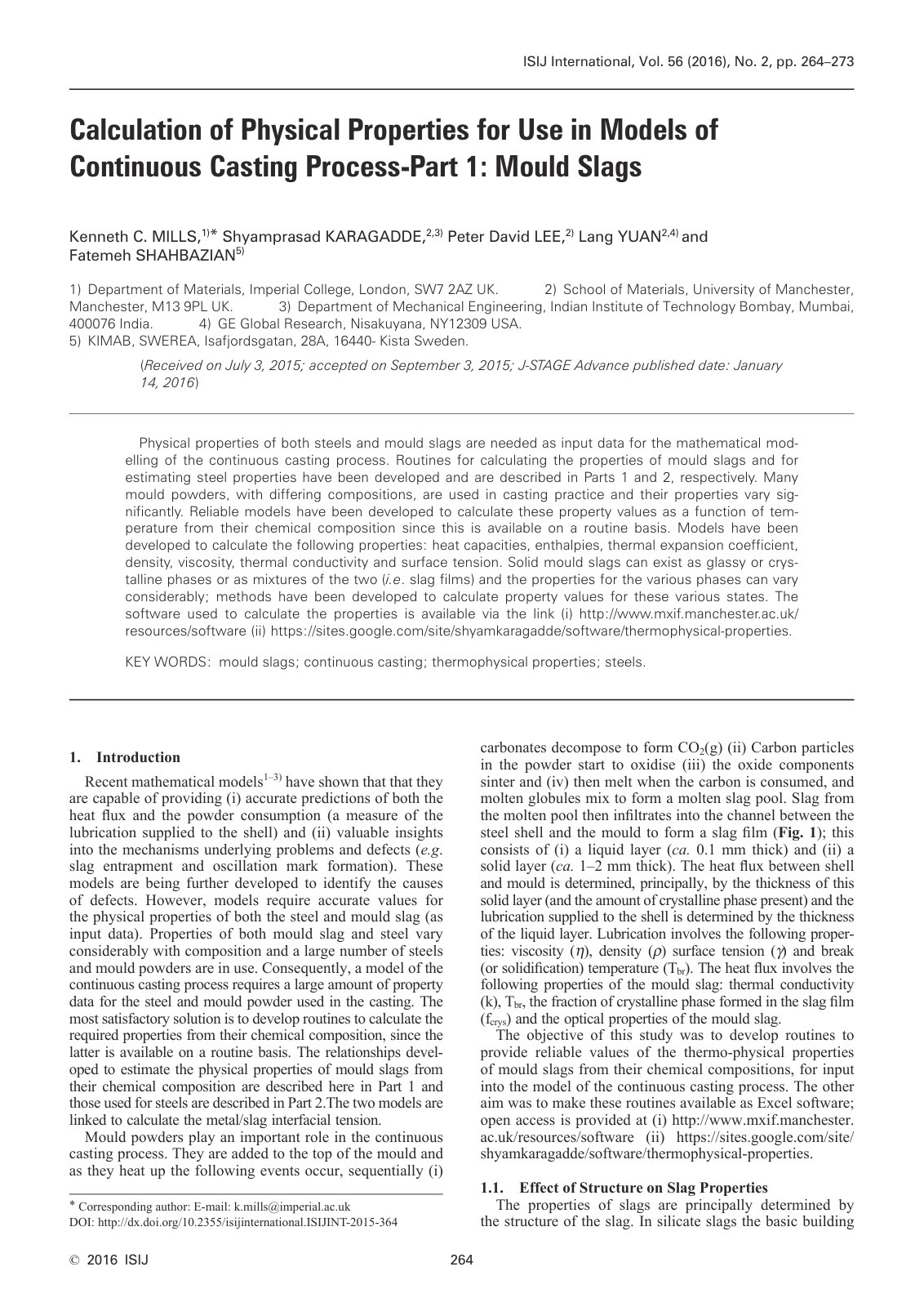 First page of 2016 Kenneth C. Mills Calculation of Physical Properties for Use in Models of Continuous Casting Process Part 1 Mould Slags isijinternational.isijint 2015 364