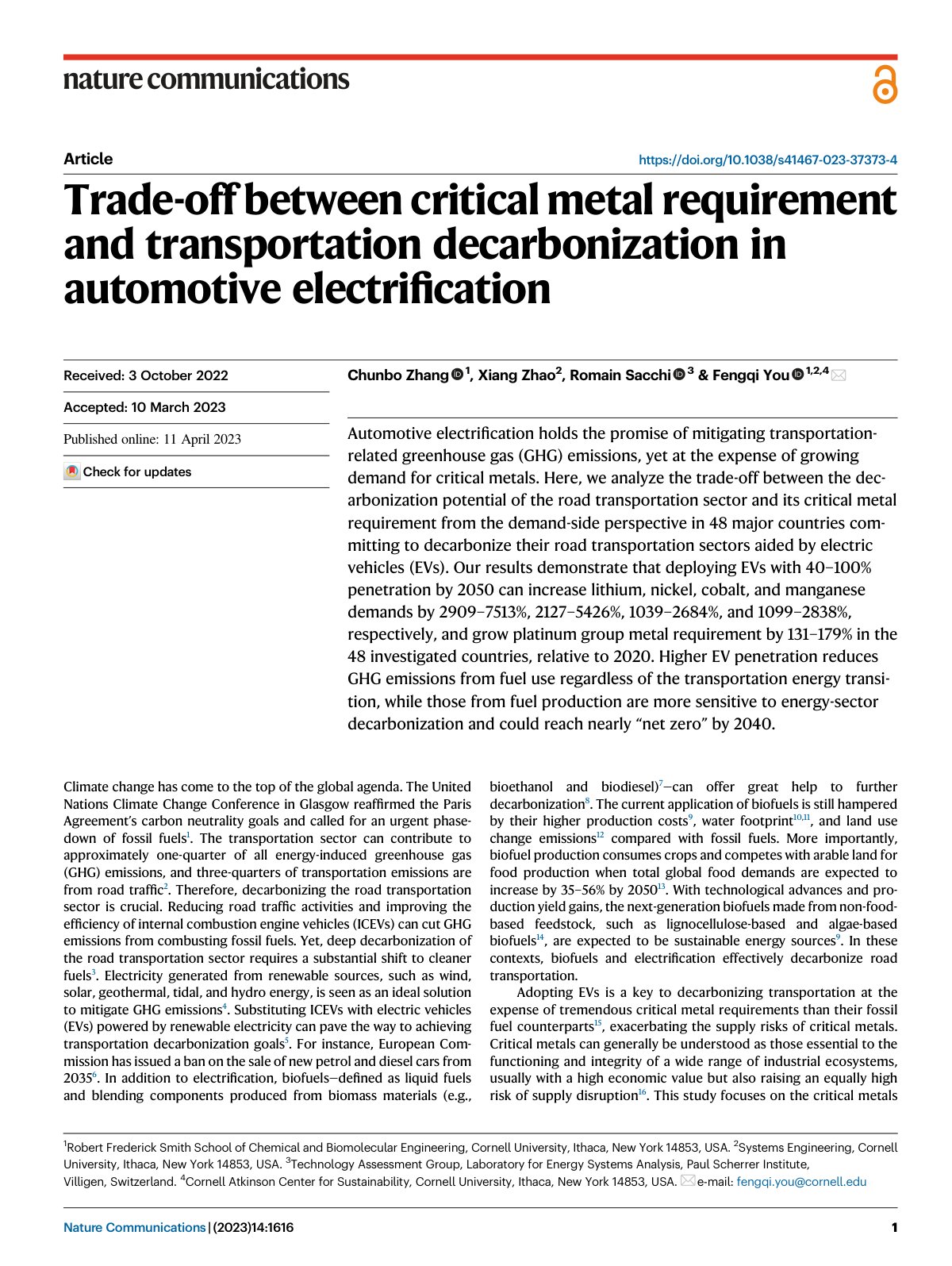 First page of Trade-off between critical metal requirement and transportation decarbonization in automotive electrification