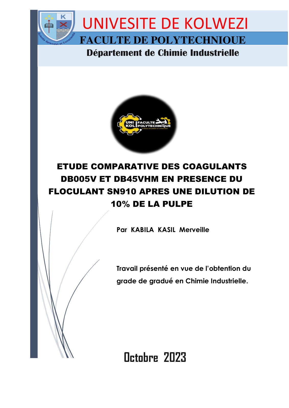 First page of ETUDE COMPARATIVE DES COAGULANTS DB005V ET DB45VHM EN PRESENCE DU FLOCULANT SN910 APRES UNE DILUTION DE 10% DE LA PULPE