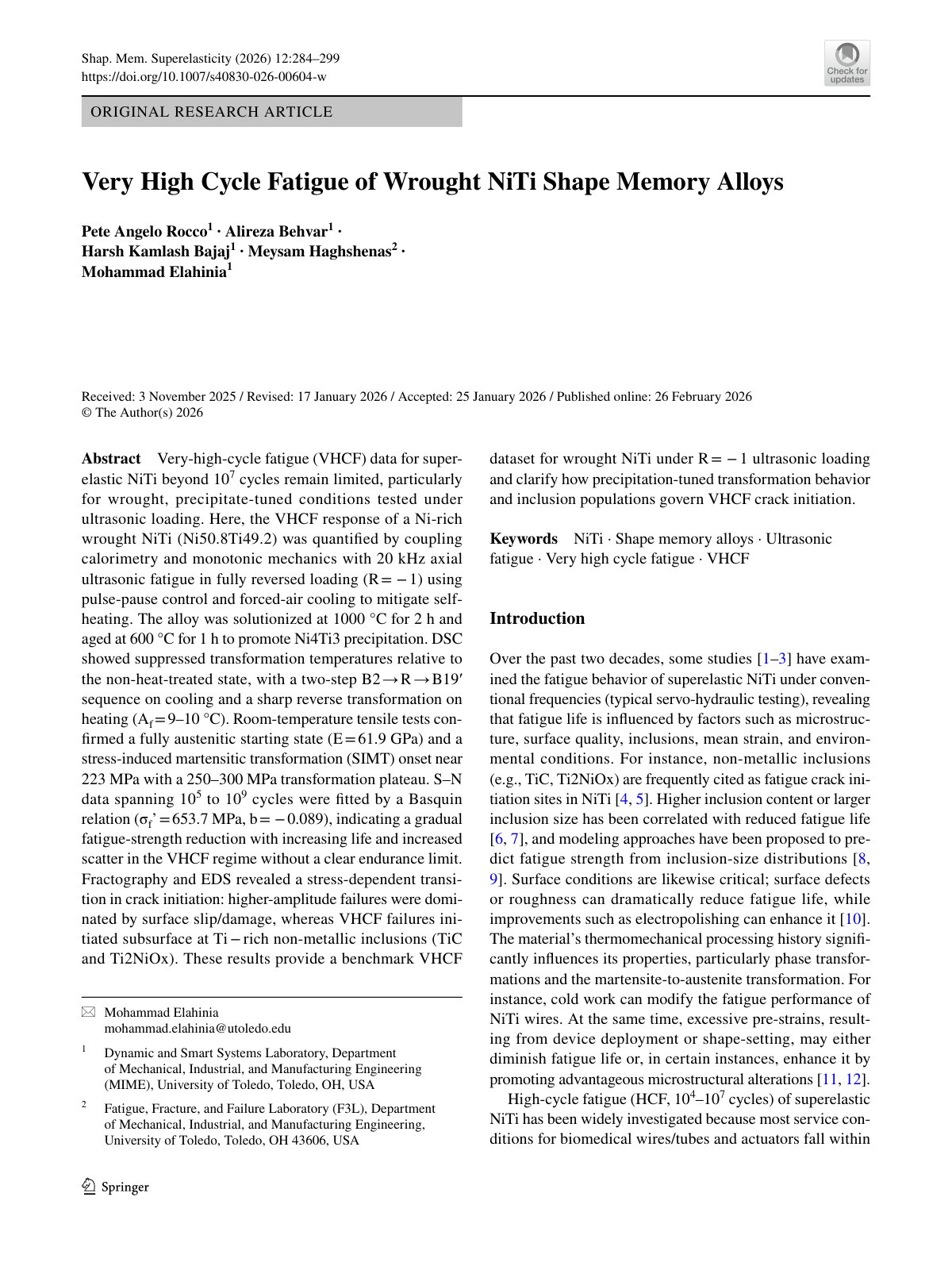 First page of 2026 Rocco NiTi Very High Cycle Fatigue