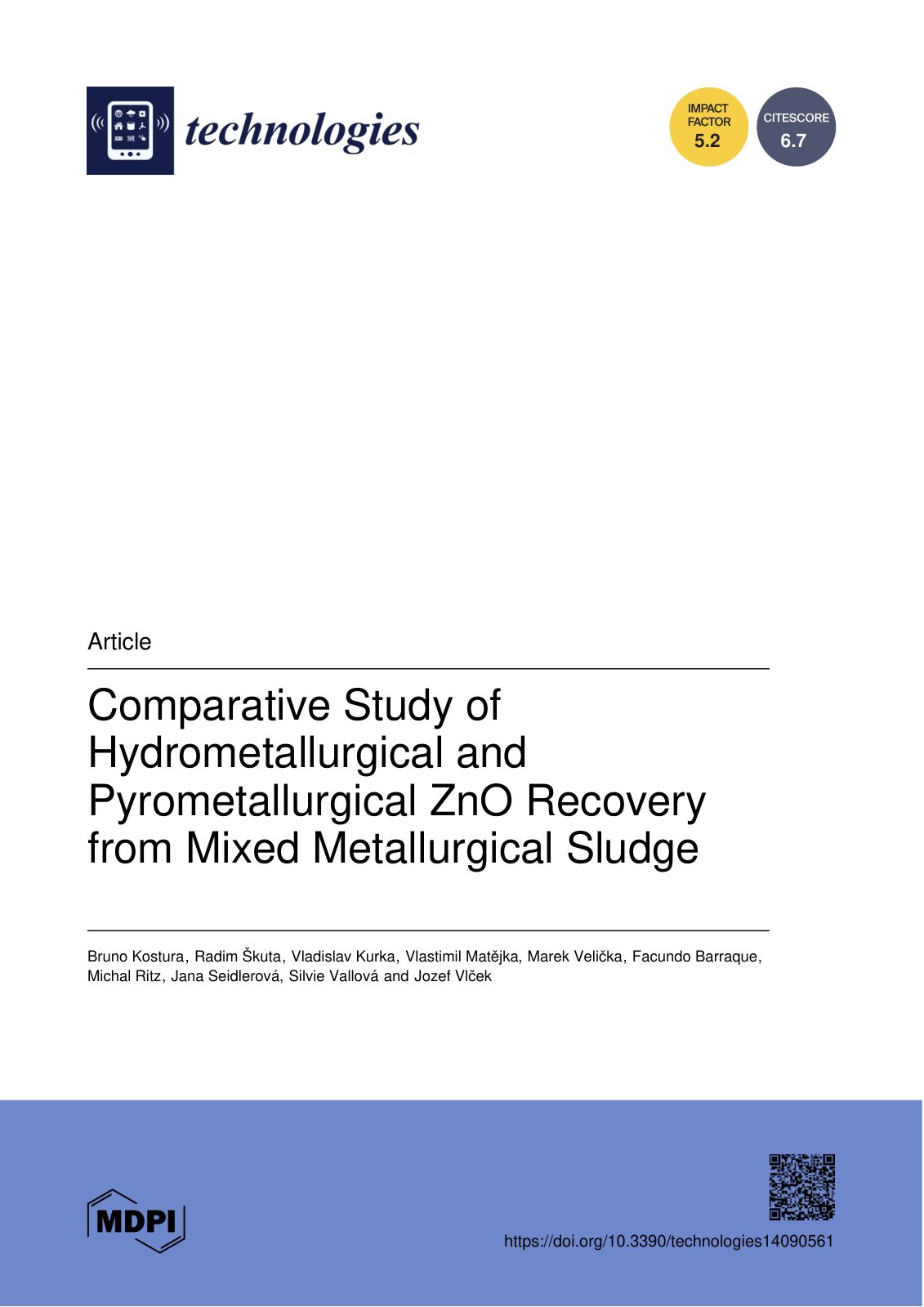 First page of Comparative Study of Hydrometallurgical and Pyrometallurgical ZnO Recovery from Mixed Metallurgical Sludge