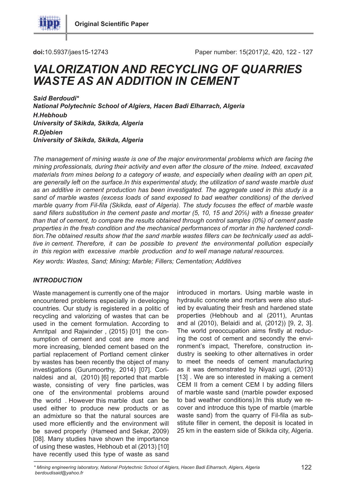 First page of Valorization and recycling of quarries waste as an addition cement