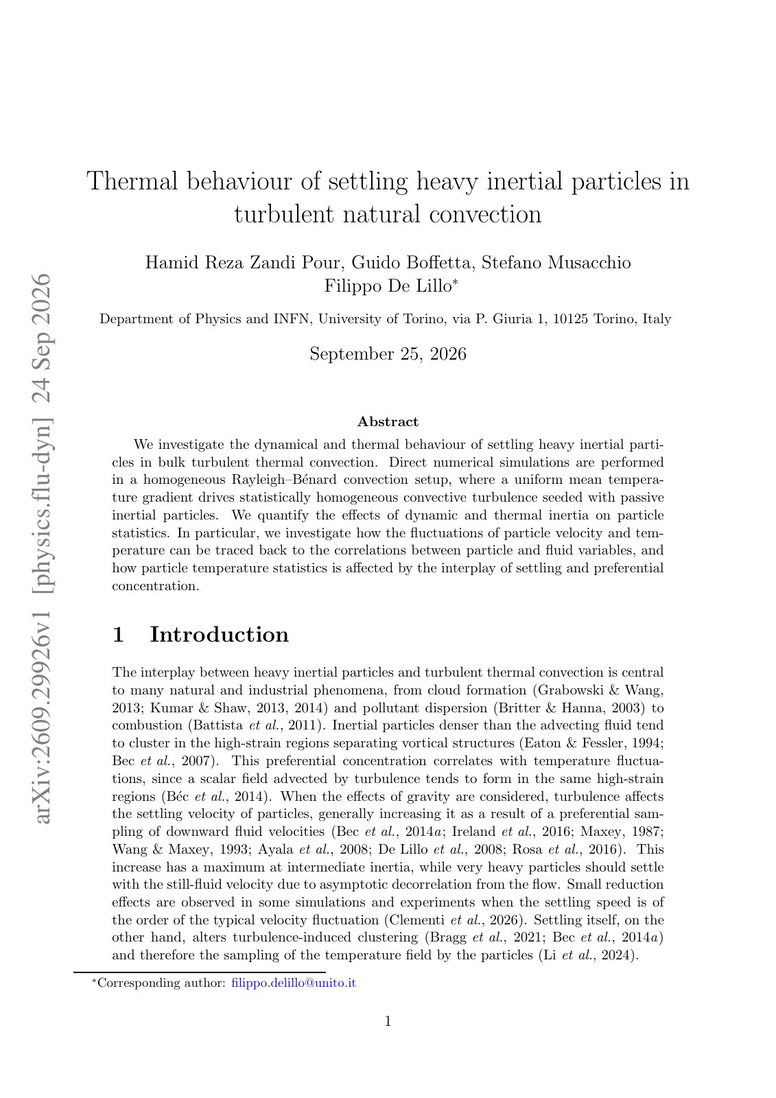 First page of Thermal behaviour of settling heavy inertial particles in turbulent natural convection