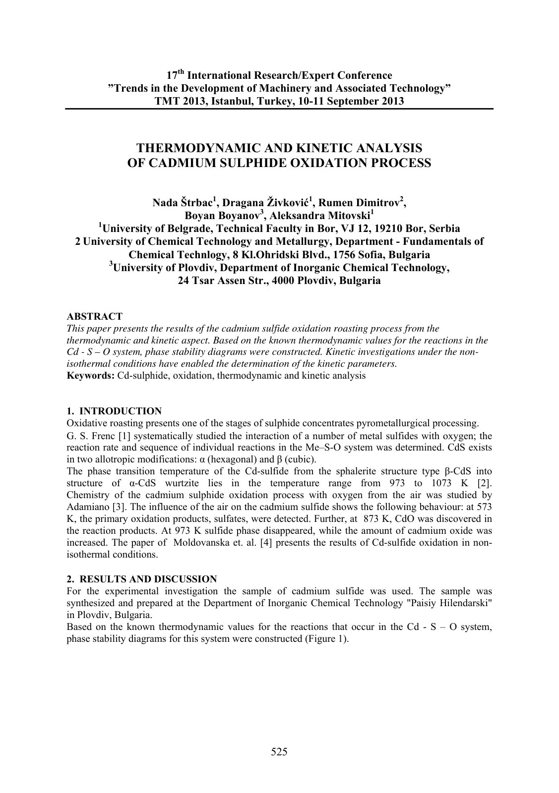 First page of Thermodynamic and Kinetic Analysis of Cadmium Sulphide Oxidation Process