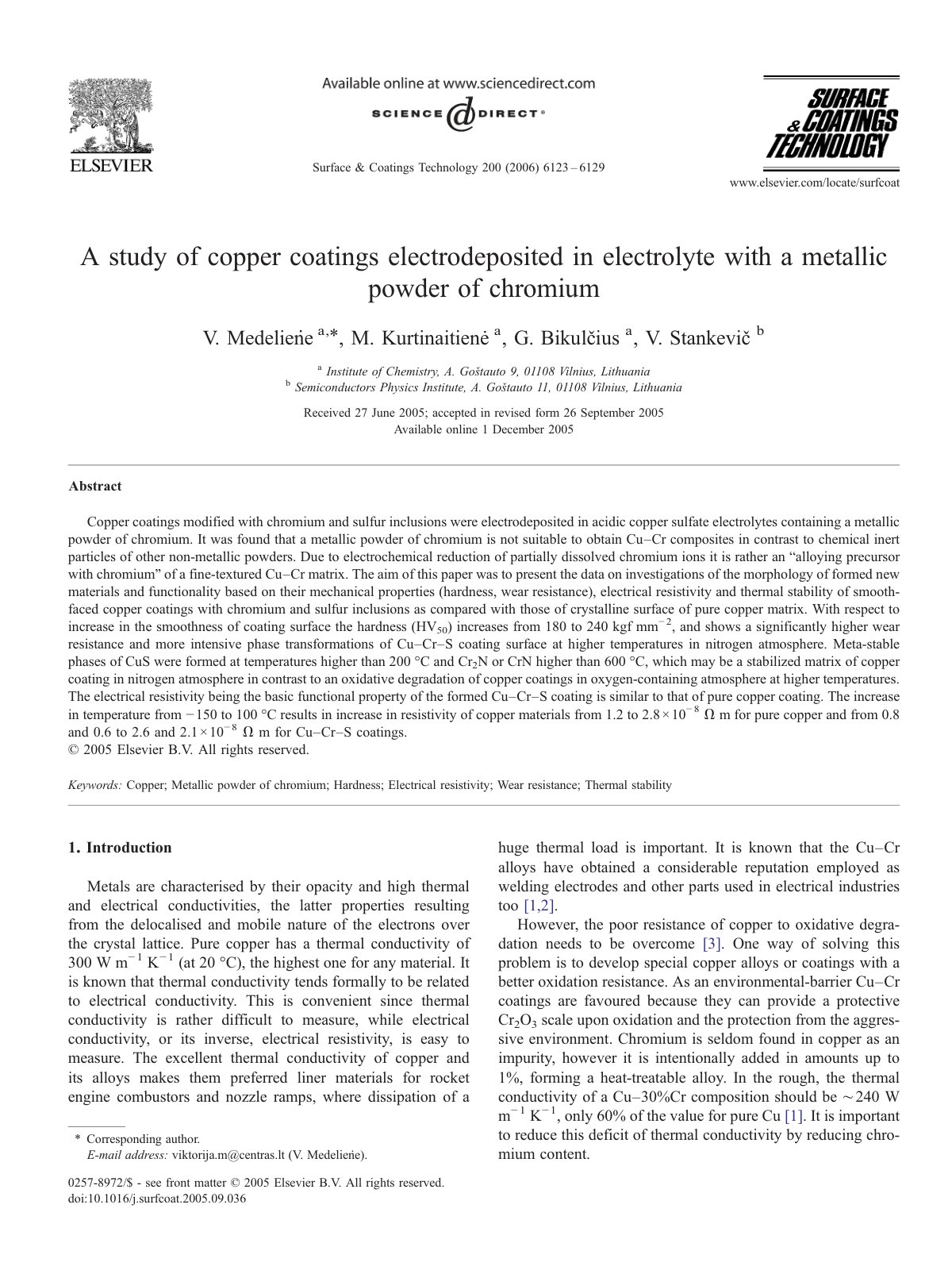 First page of A study of copper coatings electrodeposited in electrolyte with a metallic powder of chromium