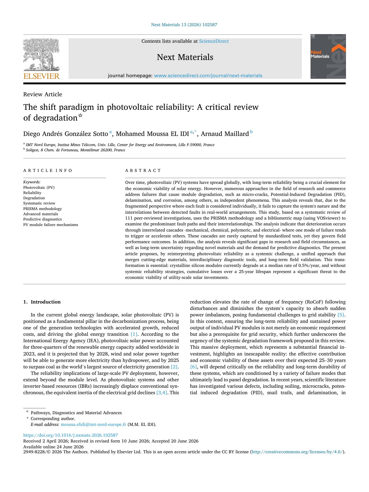 First page of The shift paradigm in photovoltaic reliability  A critical r 2026 Next Mater