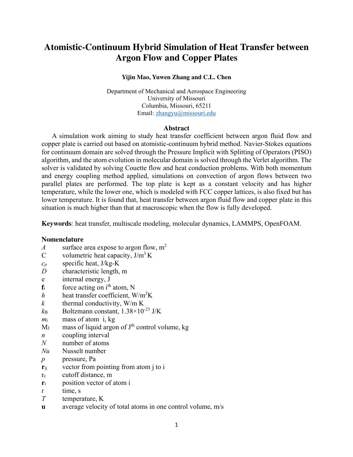 First page of Atomistic-Continuum Hybrid Simulation of Heat Transfer between Argon Flow and Copper Plates