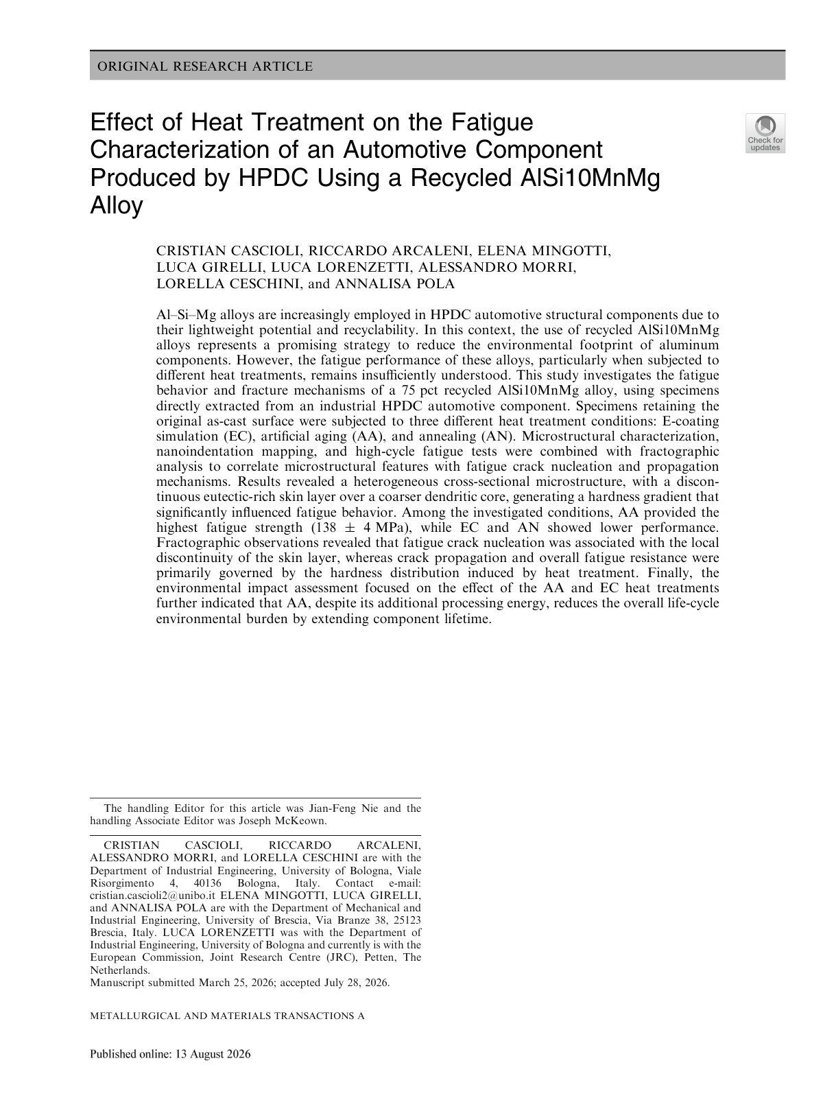 First page of 2026 Cascioli Recycled AlSi10MnMg Fatigue Heat Treatment