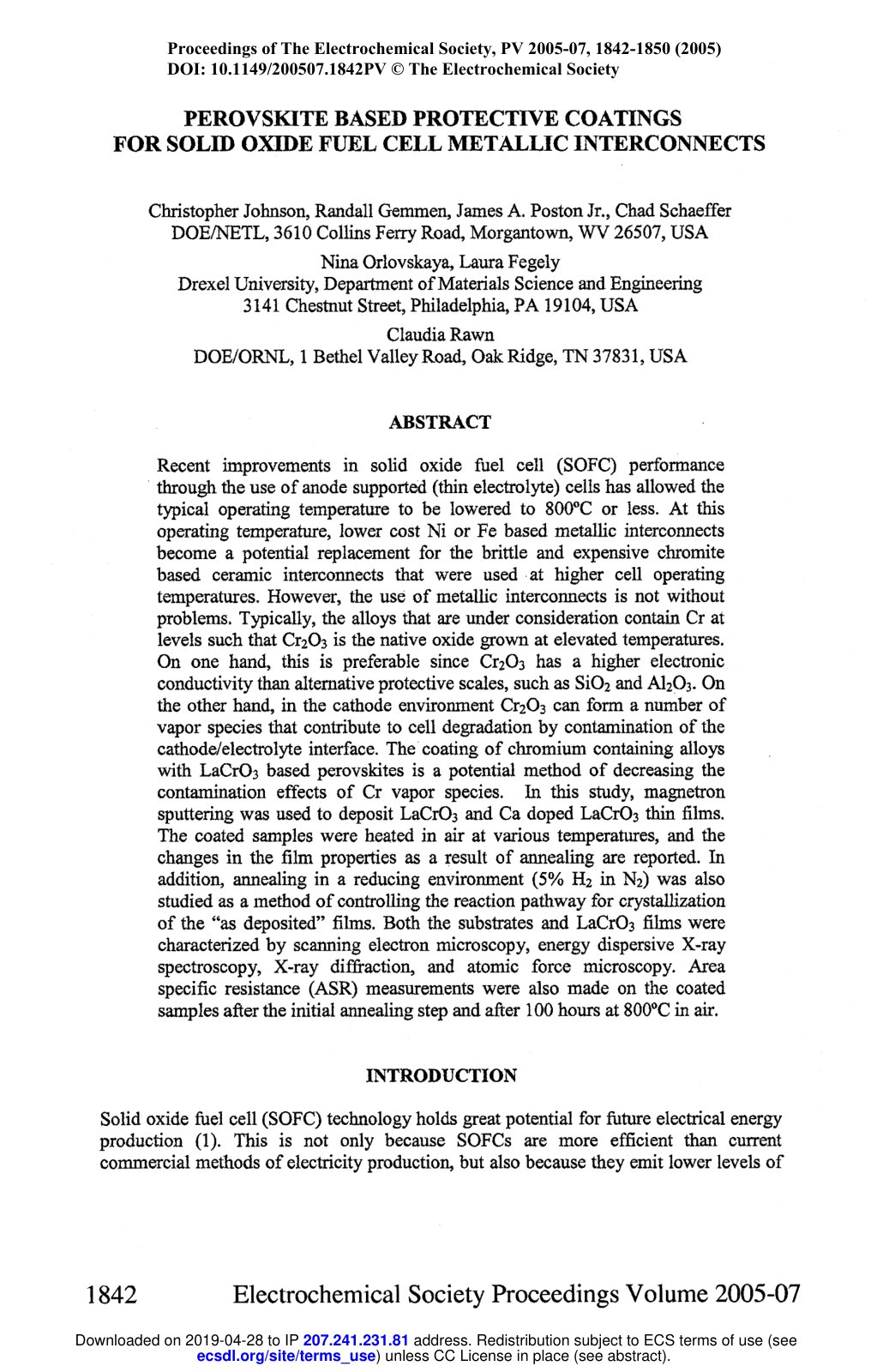 First page of PEROVSKITE BASED PROTECTIVE COATINGS FOR SOLID OXIDE FUEL CELL METALLIC INTERCONNECTS