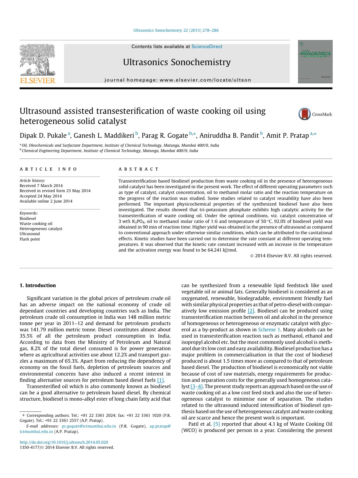 First page of Ultrasound assisted transesteriﬁcation of waste cooking oil using heterogeneous solid catalyst