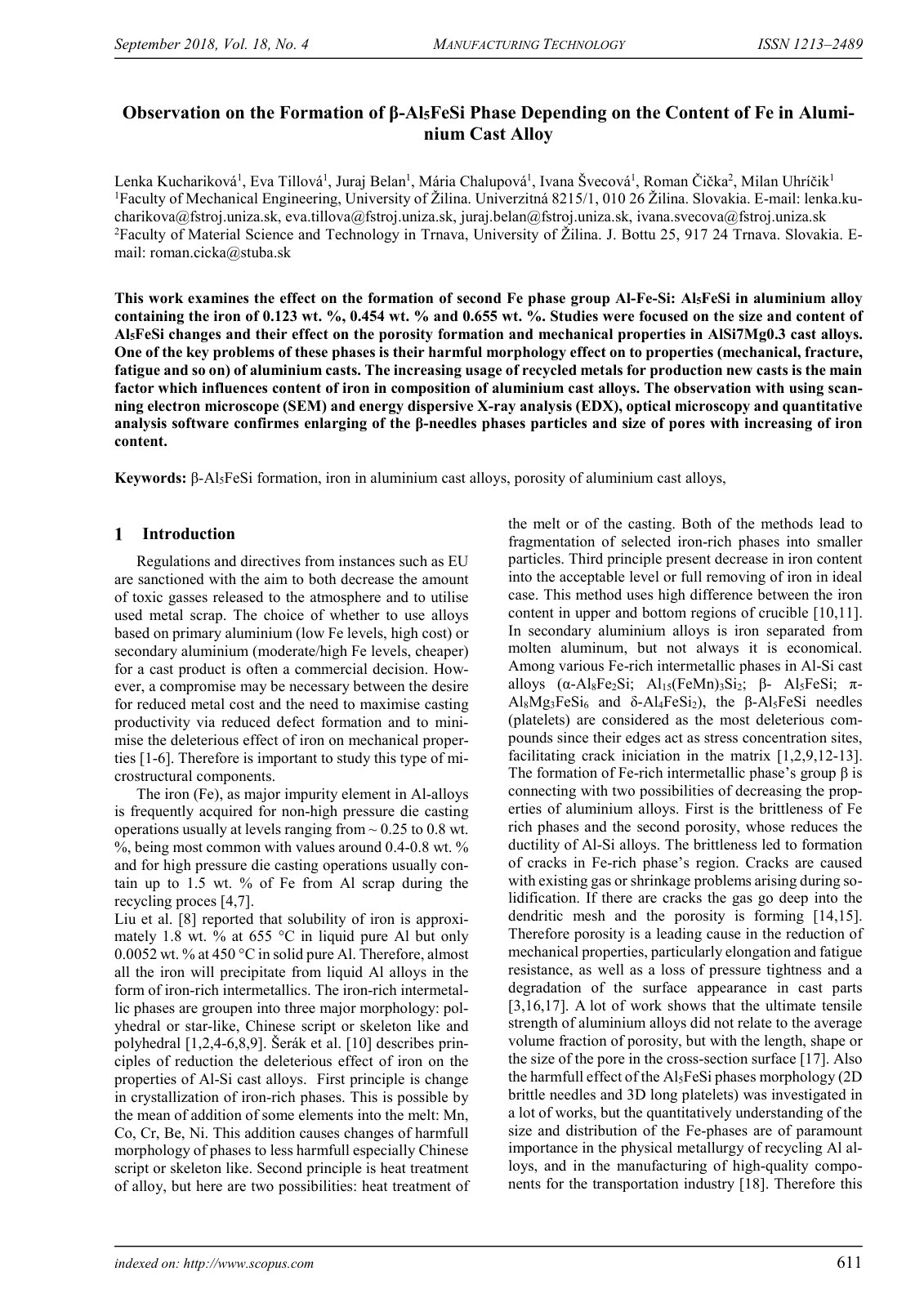 First page of Observation on the Formation of β-Al5FeSi Phase Depending on the Content of Fe in Aluminium Cast Alloy