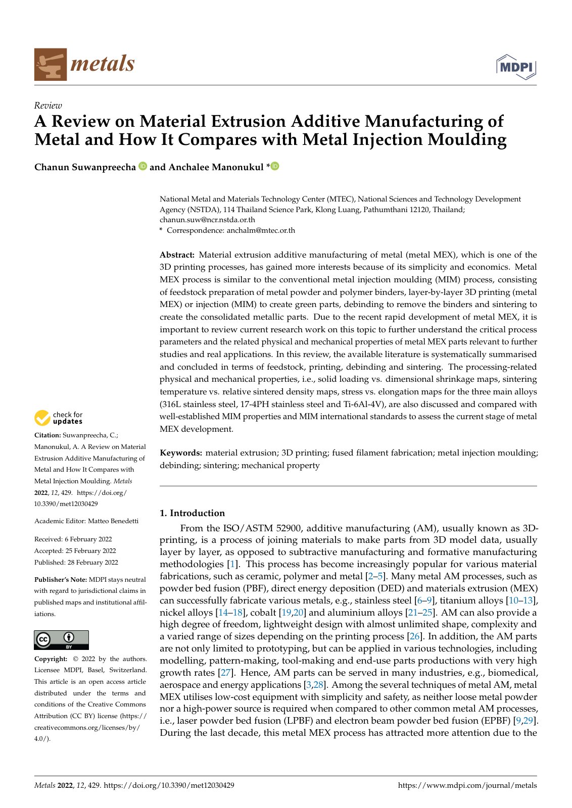 First page of A Review on Material Extrusion Additive Manufacturing of Metal and How It Compares with Metal Injection Moulding