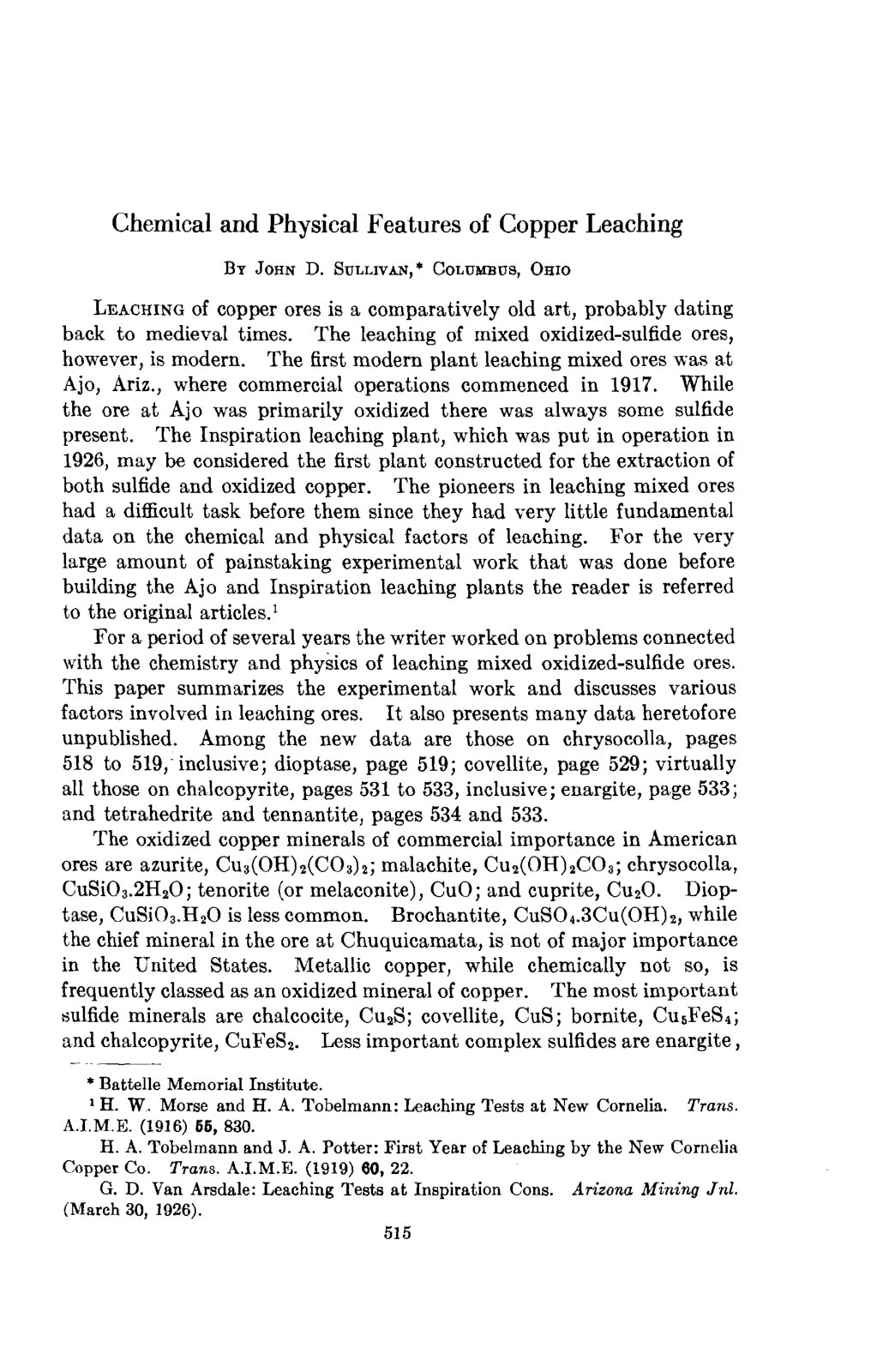 First page of Chemical and Physical Features of Copper Leaching