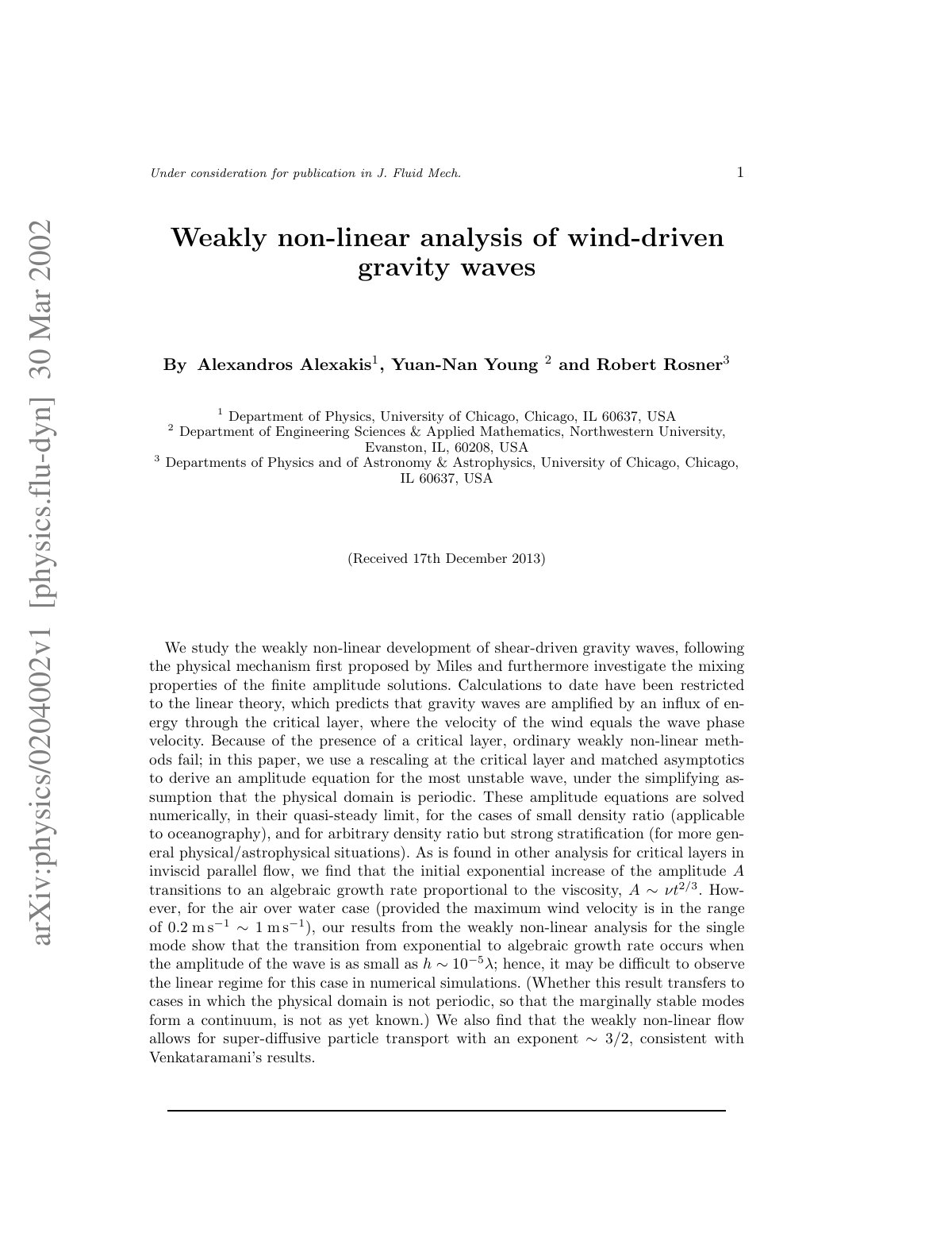 First page of Weakly non-linear analysis of wind-driven gravity waves