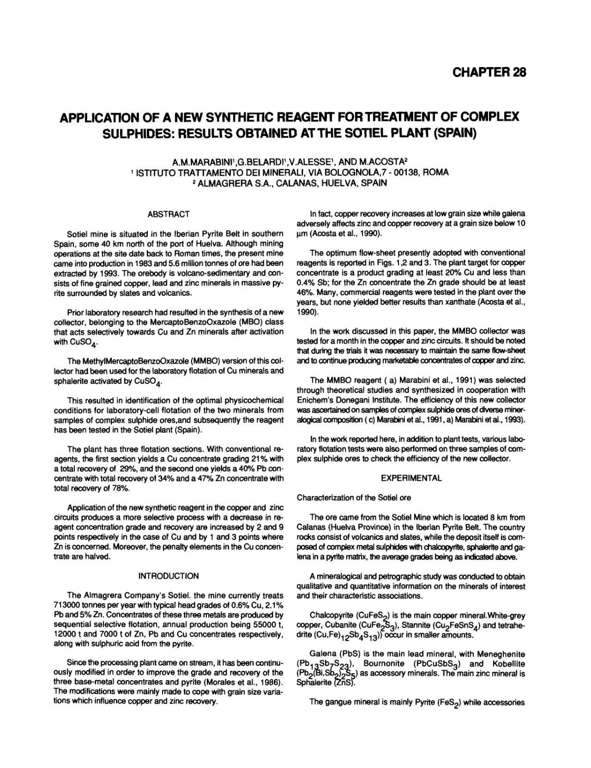 First page of APPLICATION OF A NEW SYNTHEnC REAGENT FOR TREATMENT OF COMPLEX SULPHIDES RESULTS OBTAINED AT THE SOTIEL PLANT   SPAIN