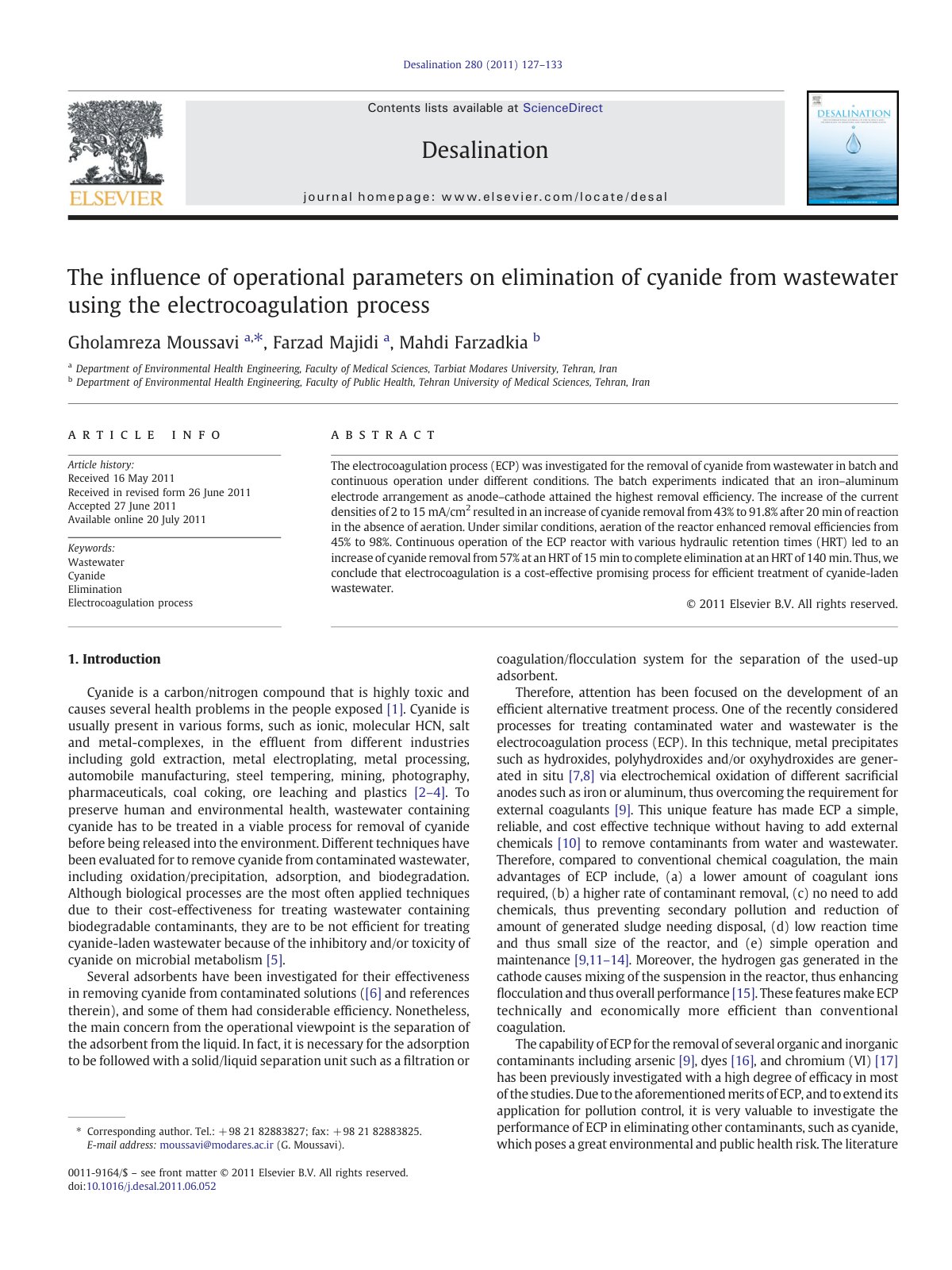 First page of The inﬂuence of operational parameters on elimination of cyanide from wastewater using the electrocoagulation process