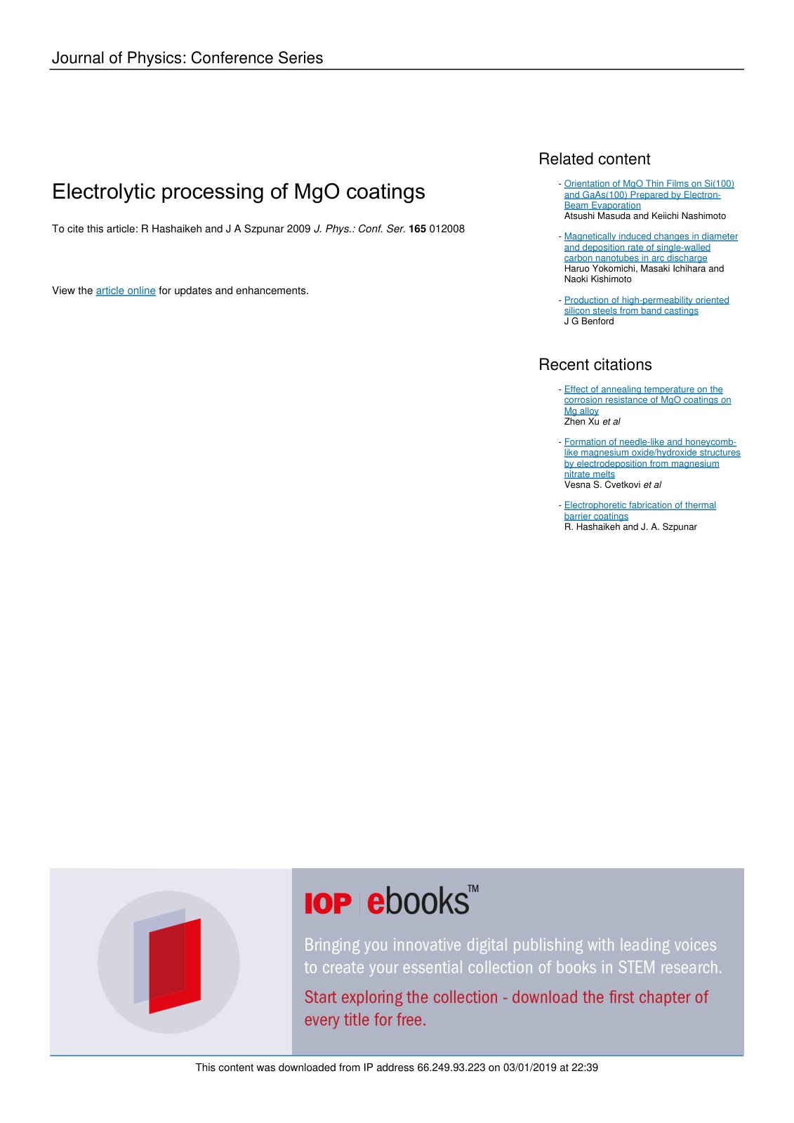First page of Electrolytic processing of MgO coatings