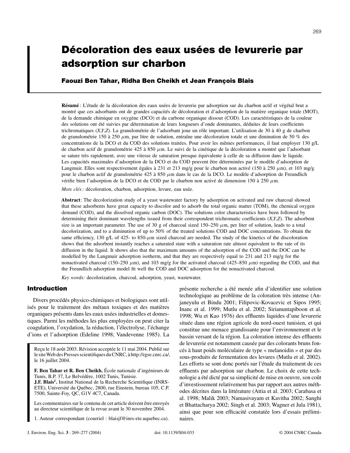 First page of Décoloration des eaux usées de levurerie par adsorption sur charbon
