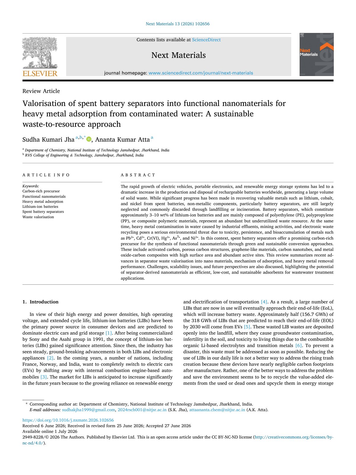 First page of Valorisation of spent battery separators into functional nanomaterials for heavy metal adsorption from contaminated water: A sustainable waste-to-resource approach