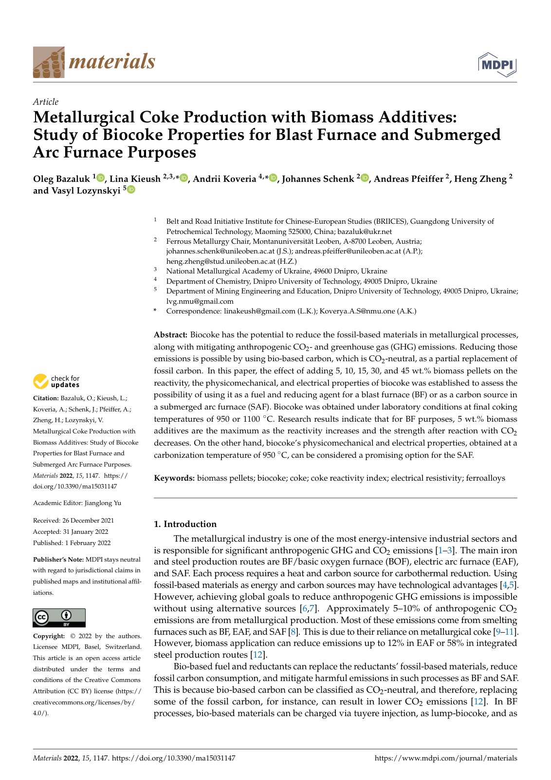 First page of Metallurgical Coke Production with Biomass Additives: Study of Biocoke Properties for Blast Furnace and Submerged Arc Furnace Purposes