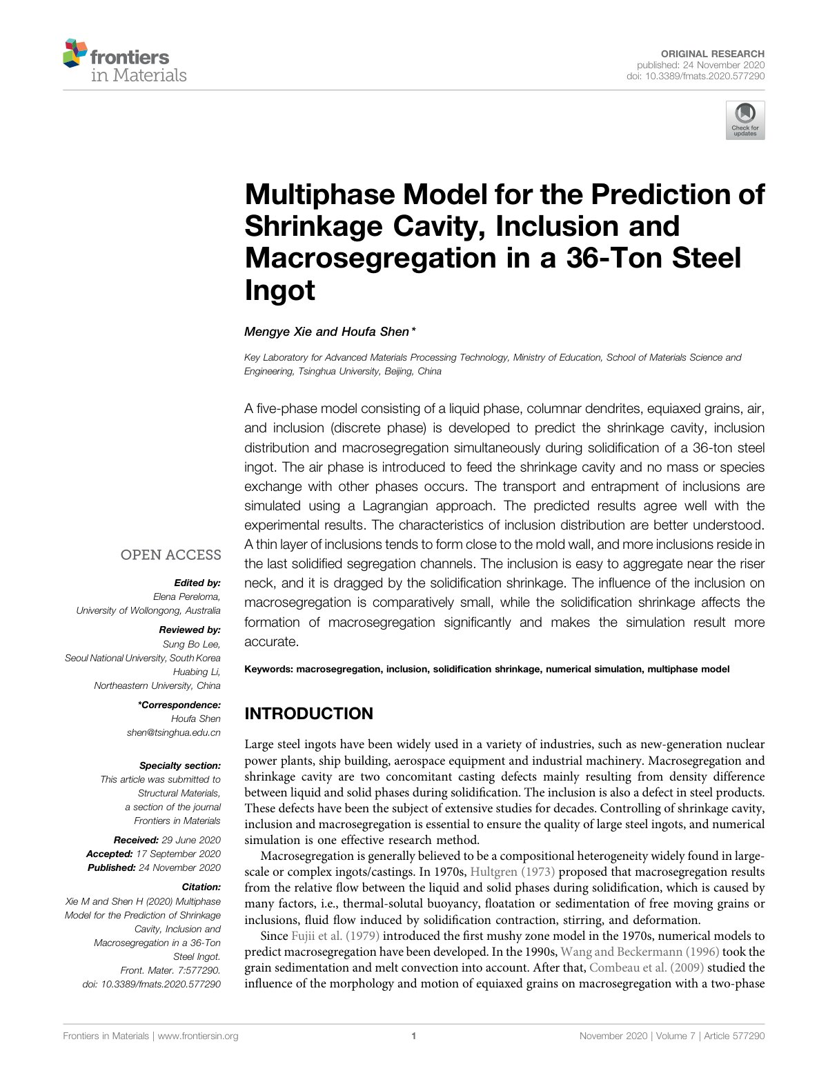First page of Multiphase Model for the Prediction of Shrinkage Cavity, Inclusion and Macrosegregation in a 36-Ton Steel Ingot