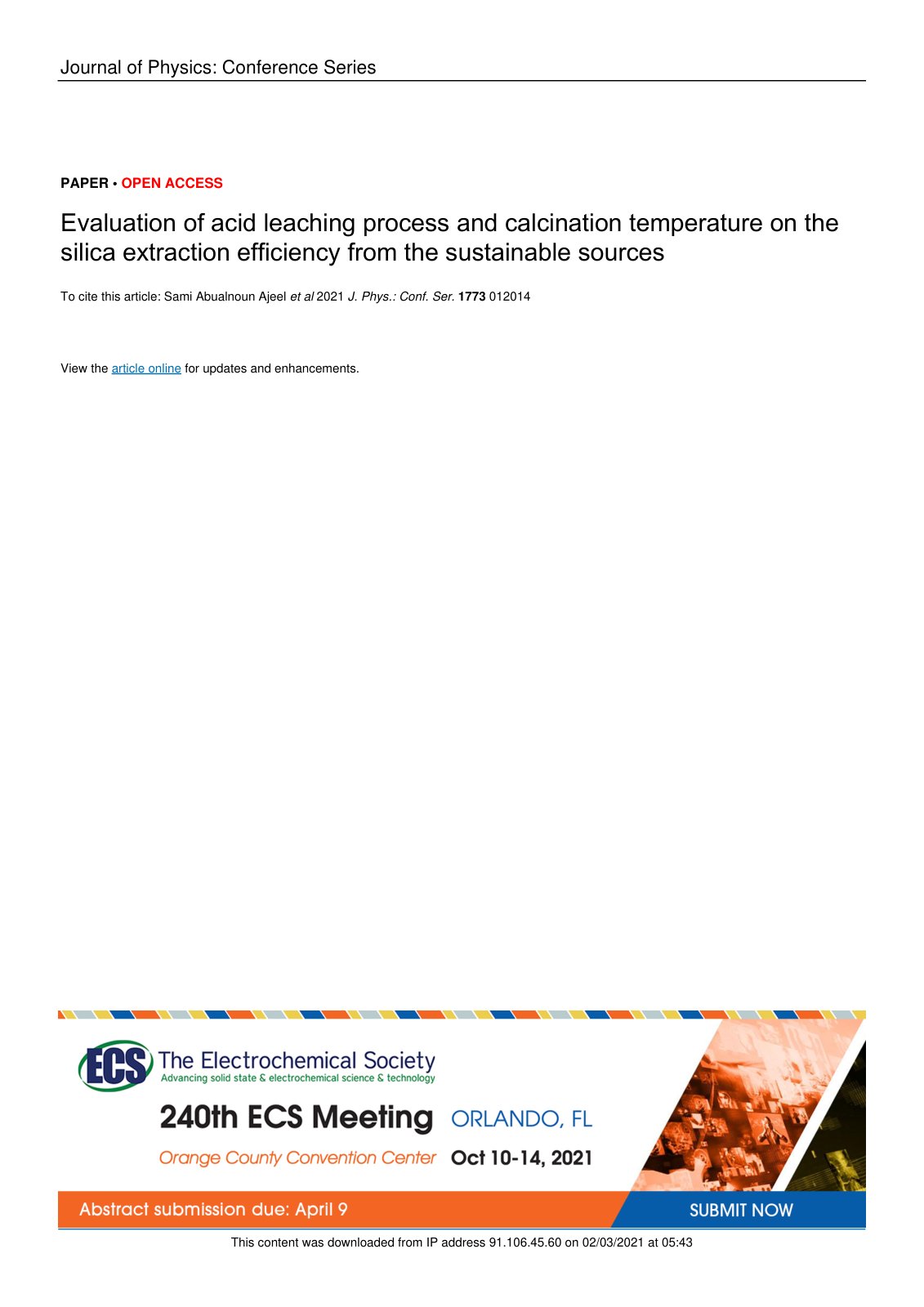First page of Evaluation of acid leaching process and