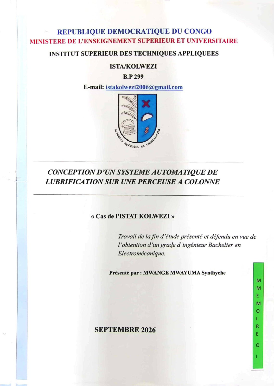 First page of CONCEPTION D'UN SYSTEME AUTOMATIQUE DE LUBRIFICATION SUR UNE PERCEUSE A COLONNE « Cas de l'ISTAT KOLWEZI »