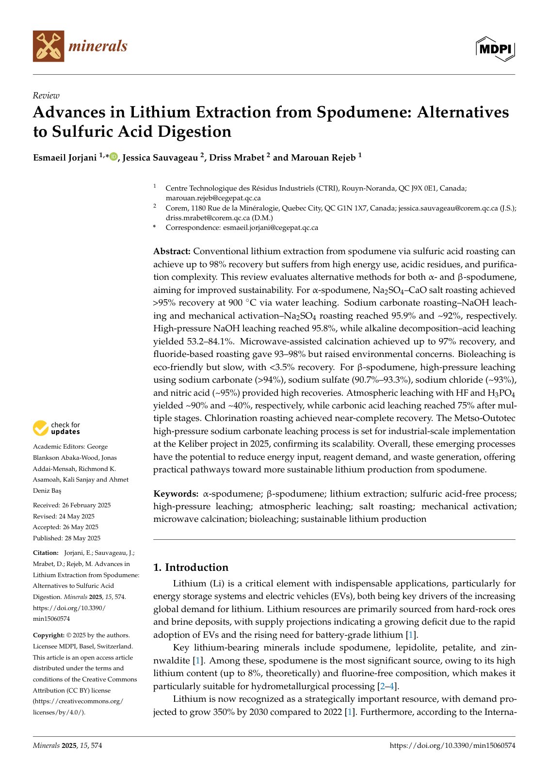 First page of 2025   Jorjani   Lithium extraction from spodumene alternatives review