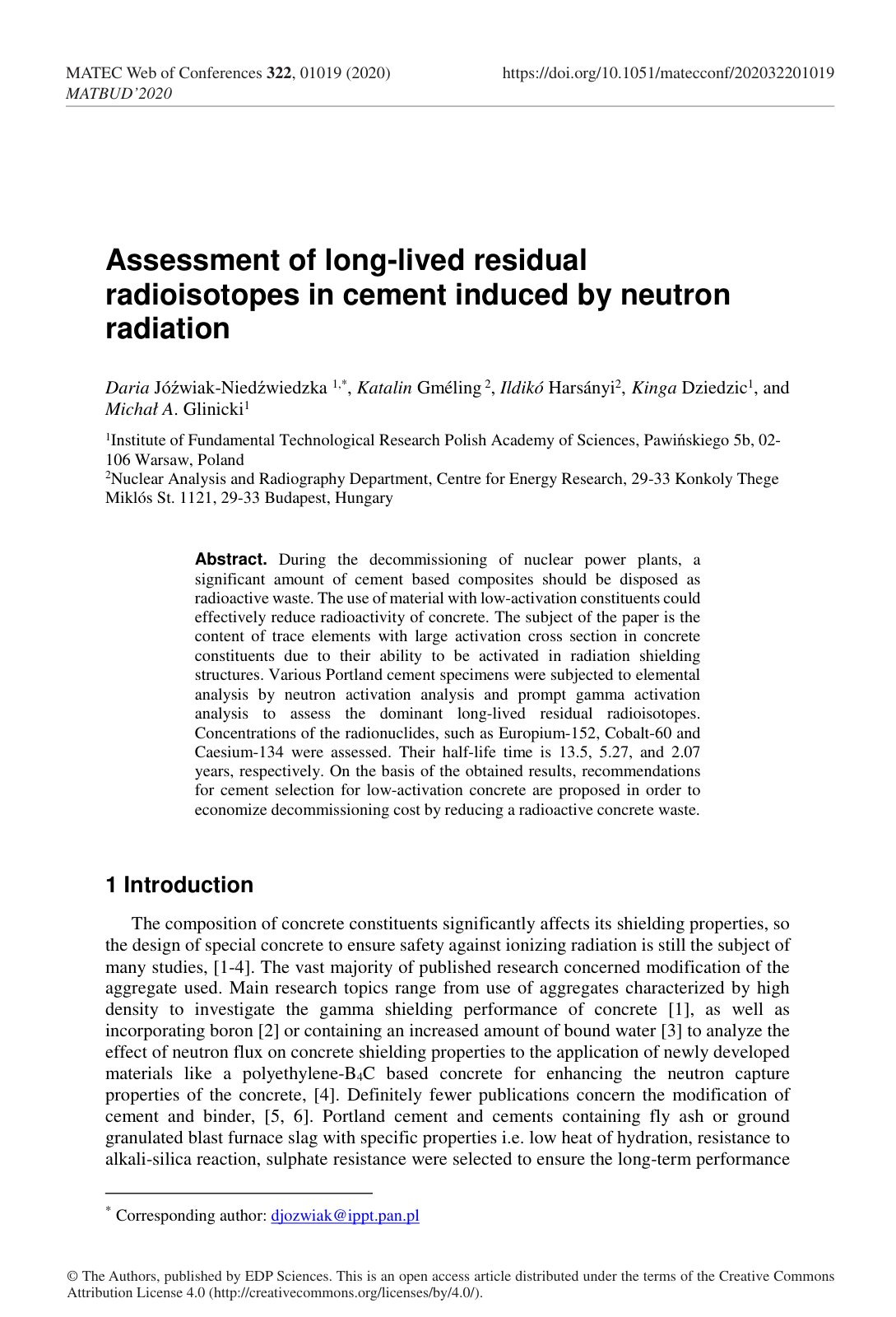 First page of Assessment of long-lived residual radioisotopes in cement induced by neutron radiation