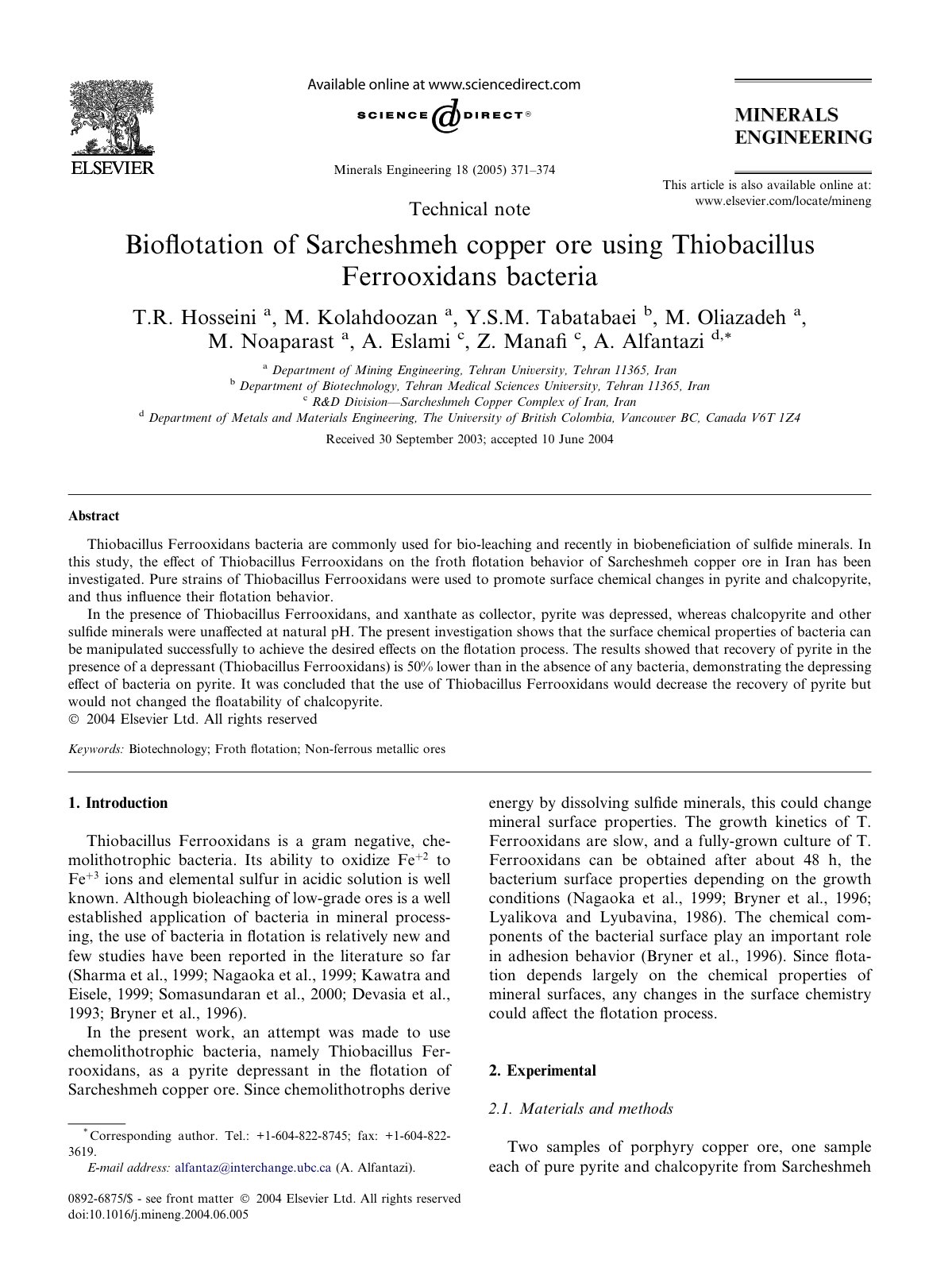 First page of Bioflotation of Sarcheshmeh copper ore u