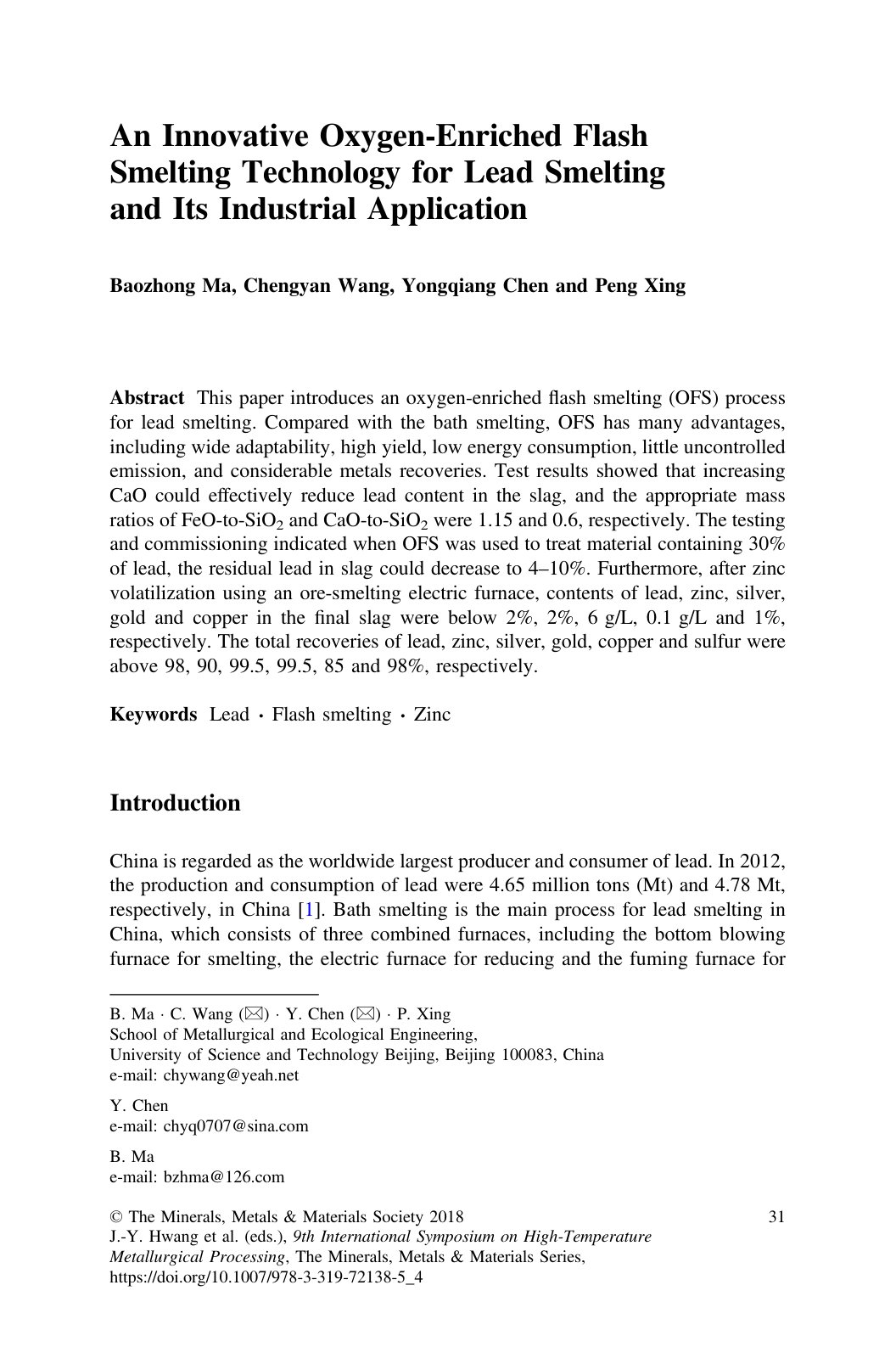 First page of An Innovative Oxygen-Enriched Flash Smelting Technology for Lead Smelting and Its Industrial Application