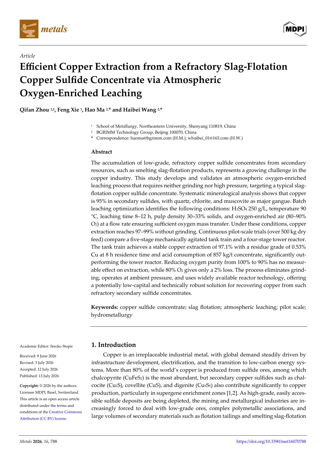 First page of 2026   Zhou   Oxygen enriched leaching of copper sulfide concentrate