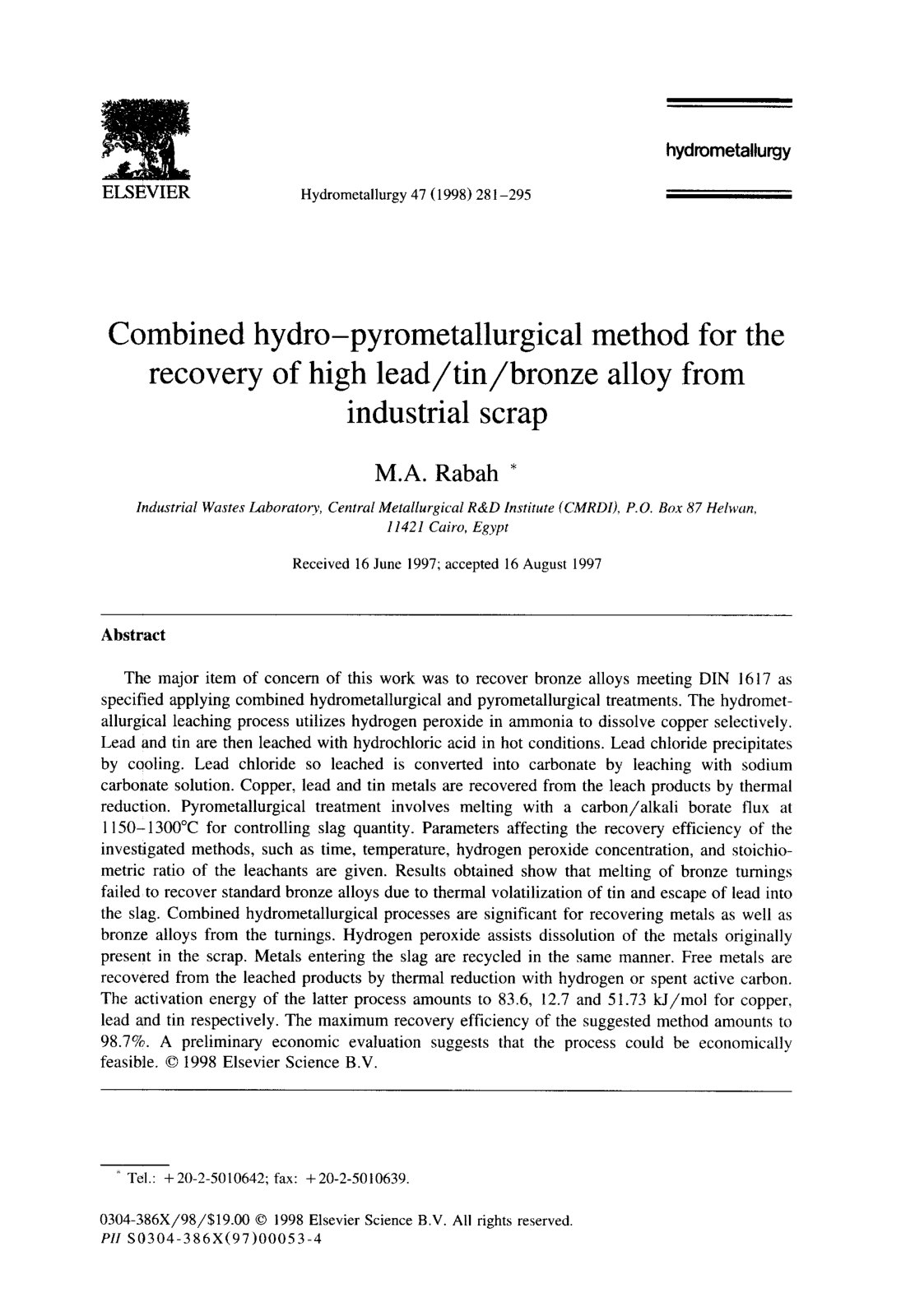 First page of Combined hydro pyrometallurgical method