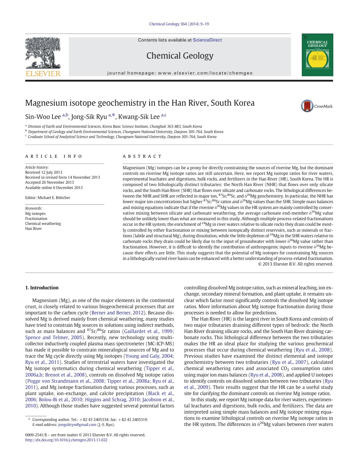 First page of Magnesium isotope geochemistry in the Han River, South Korea