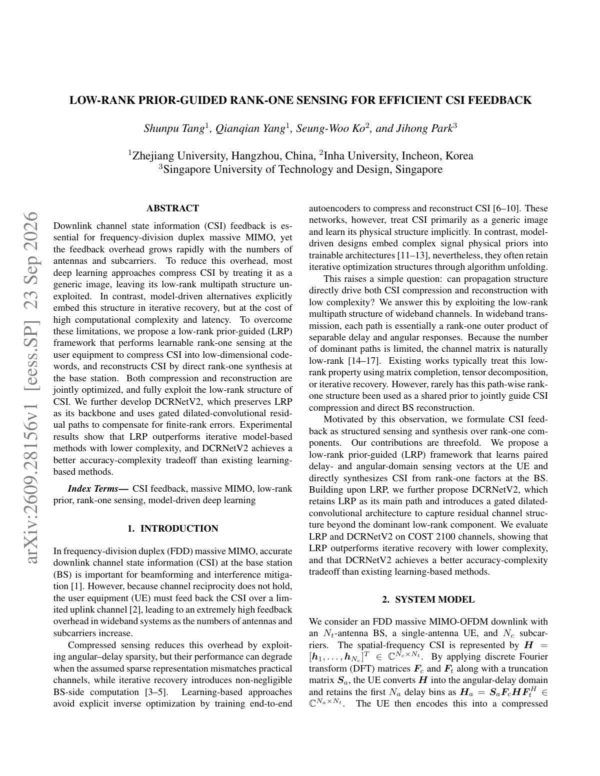 First page of LOW-RANK PRIOR-GUIDED RANK-ONE SENSING FOR EFFICIENT CSI FEEDBACK