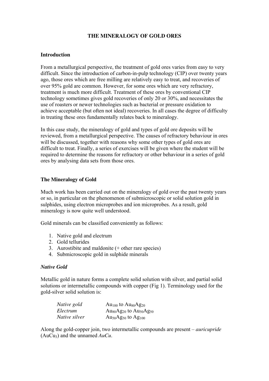 First page of Lecs 15 & 16 Gold Mineralogy and Ores