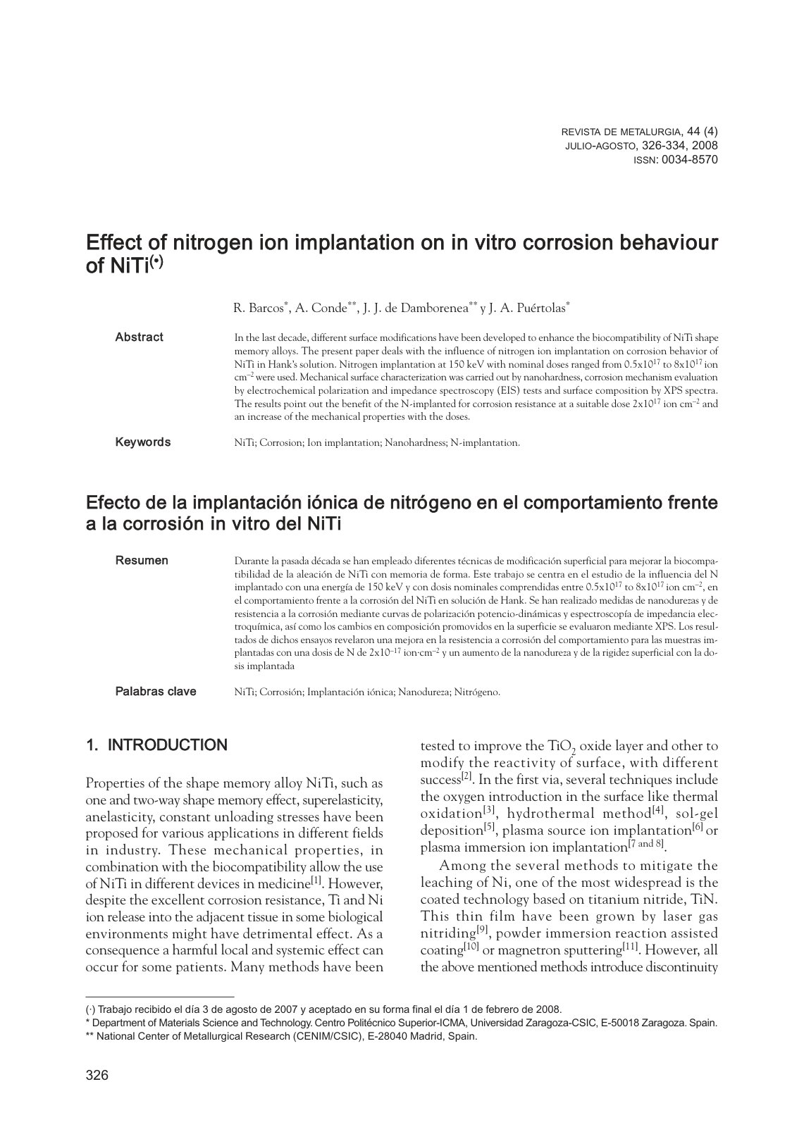 First page of Effect of nitrogen ion implantation on corrosion behavior of NiTi in Hank’s solution