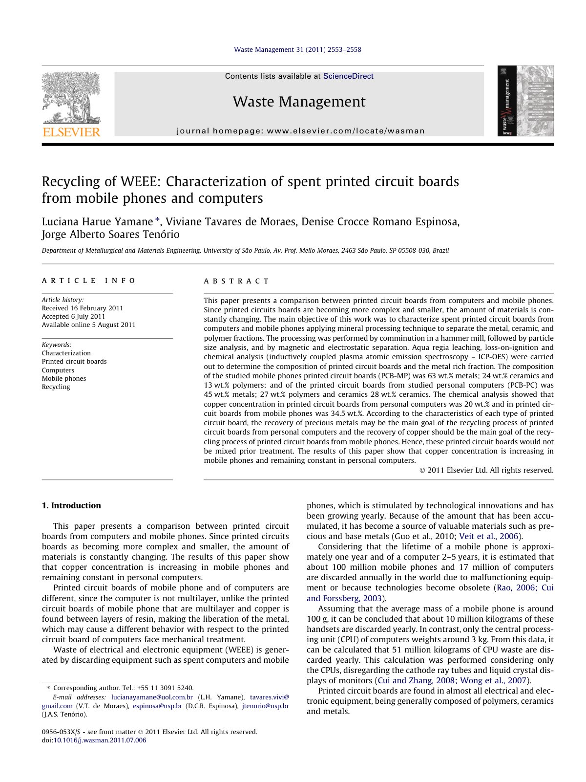 First page of Recycling of WEEE  Characterization of spent printed circuit  2011 Waste Man