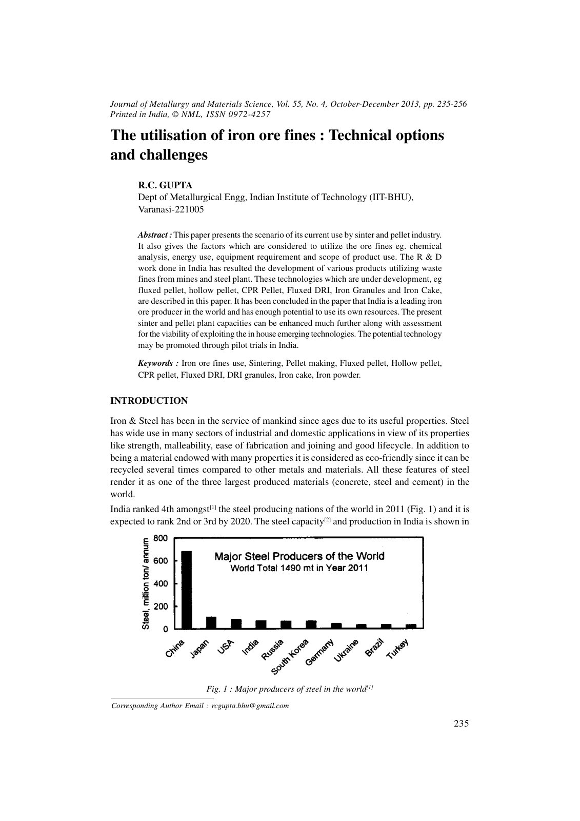 First page of The utilisation of iron ore fines Techni
