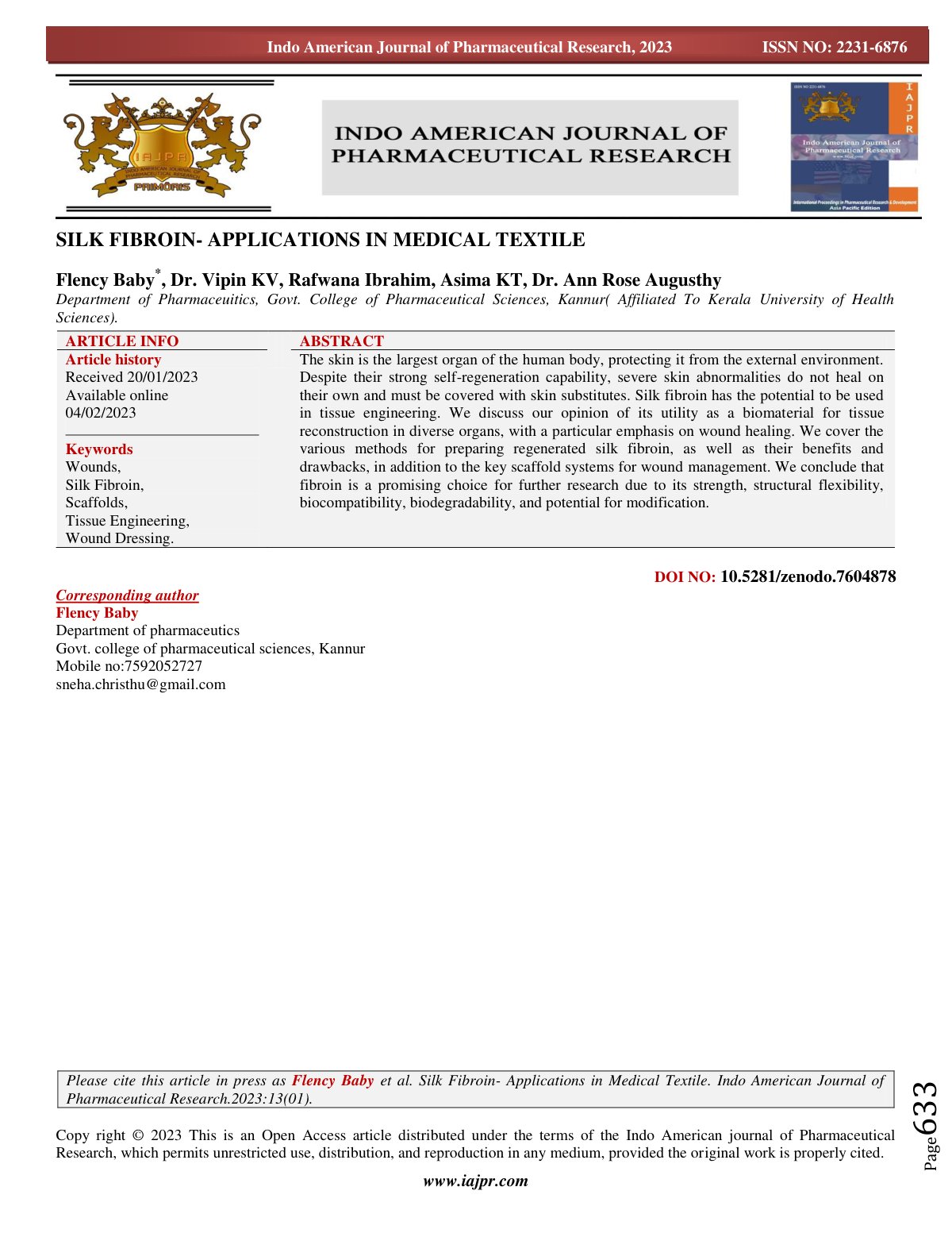 First page of SILK FIBROIN APPLICATIONS IN MEDICAL TEX