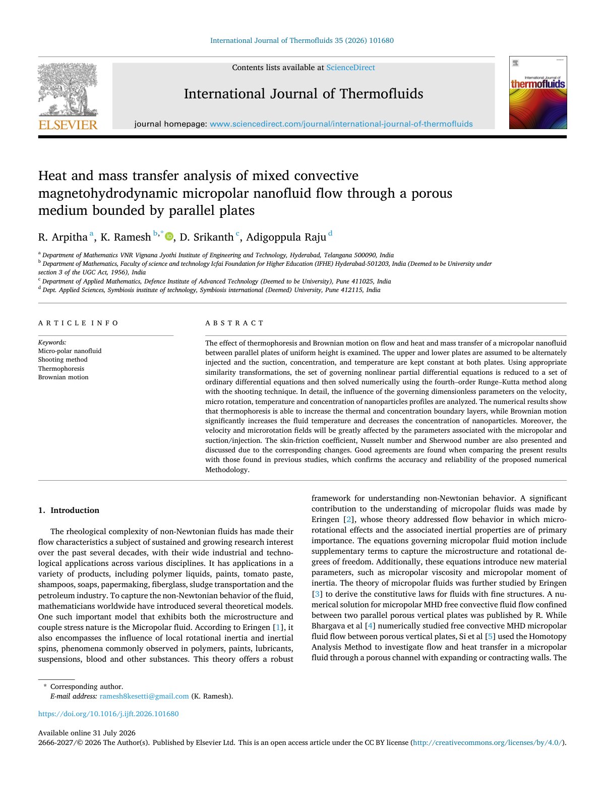 First page of Heat and mass transfer analysis of mixed convective magne 2026 International